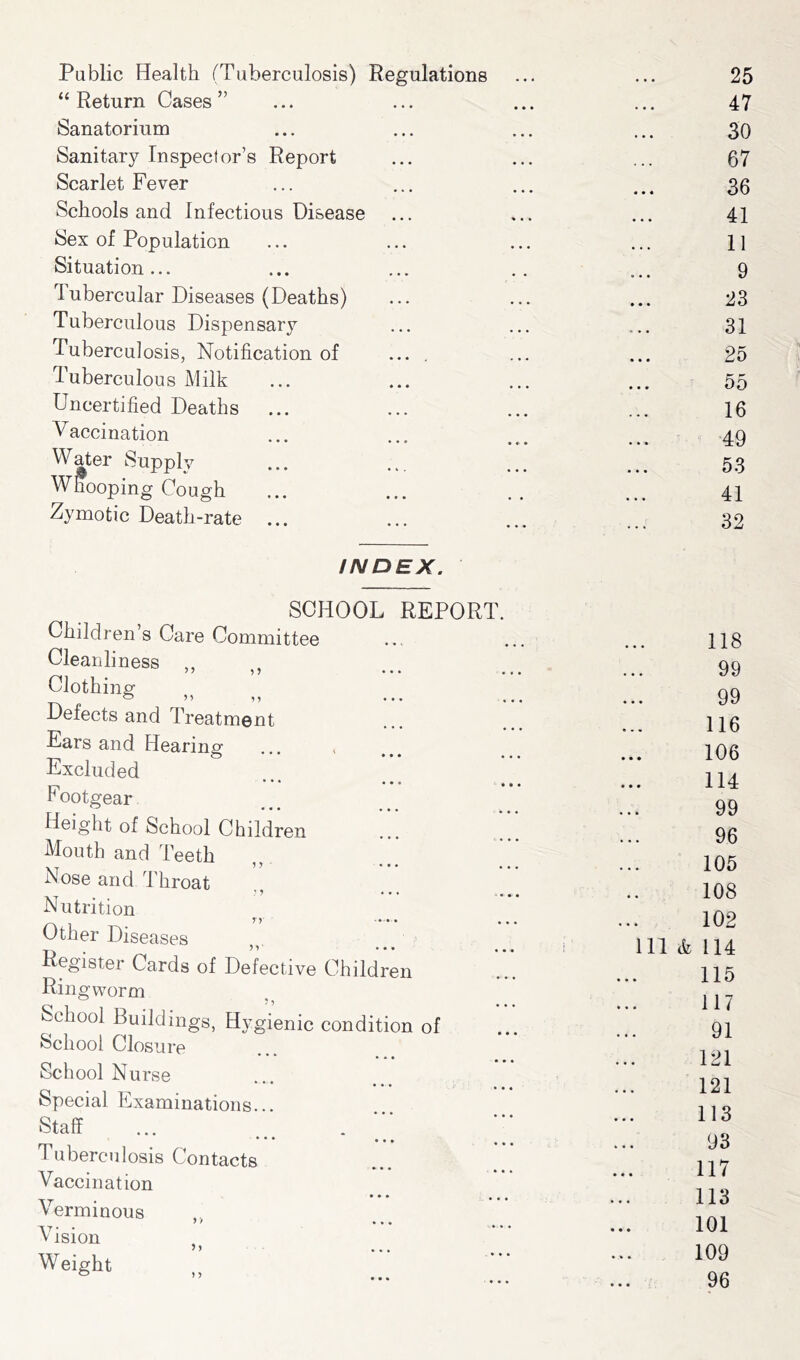 Public Health (Tuberculosis) Regulations “ Return Cases ” Sanatorium Sanitary Inspector’s Report Scarlet Fever Schools and Infectious Disease Sex of Population Situation... Tubercular Diseases (Deaths) Tuberculous Dispensary Tuberculosis, Notification of .... INDEX. SCHOOL REPORT. Children s Care Committee Cleanliness 7 7 5 J ••• Clothing O ... Defects and Treatment Ears and Hearing ... < Excluded ••• •• • . Footgear Height of School Children Mouth and Teeth Nose and Throat ? 7 • • • - m Nutrition Other Diseases Register Cards of Defective Children Ringworm School Buildings, Hygienic condition of School Closure '* * ^ ^ School Nurse ' • •• • t Special Examinations... Staff Tuberculosis Contacts Vaccination verminous 7 t • • • Vision Weight Tuberculous Milk Uncertified Deaths Vaccination Water Supply Whooping Cough Zymotic Death-rate 25 47 30 67 36 41 11 9 23 31 25 55 16 49 53 41 32 118 99 99 116 106 114 99 96 105 108 102 111 & 114 115 117 91 121 121 113 93 117 113 101 109 96