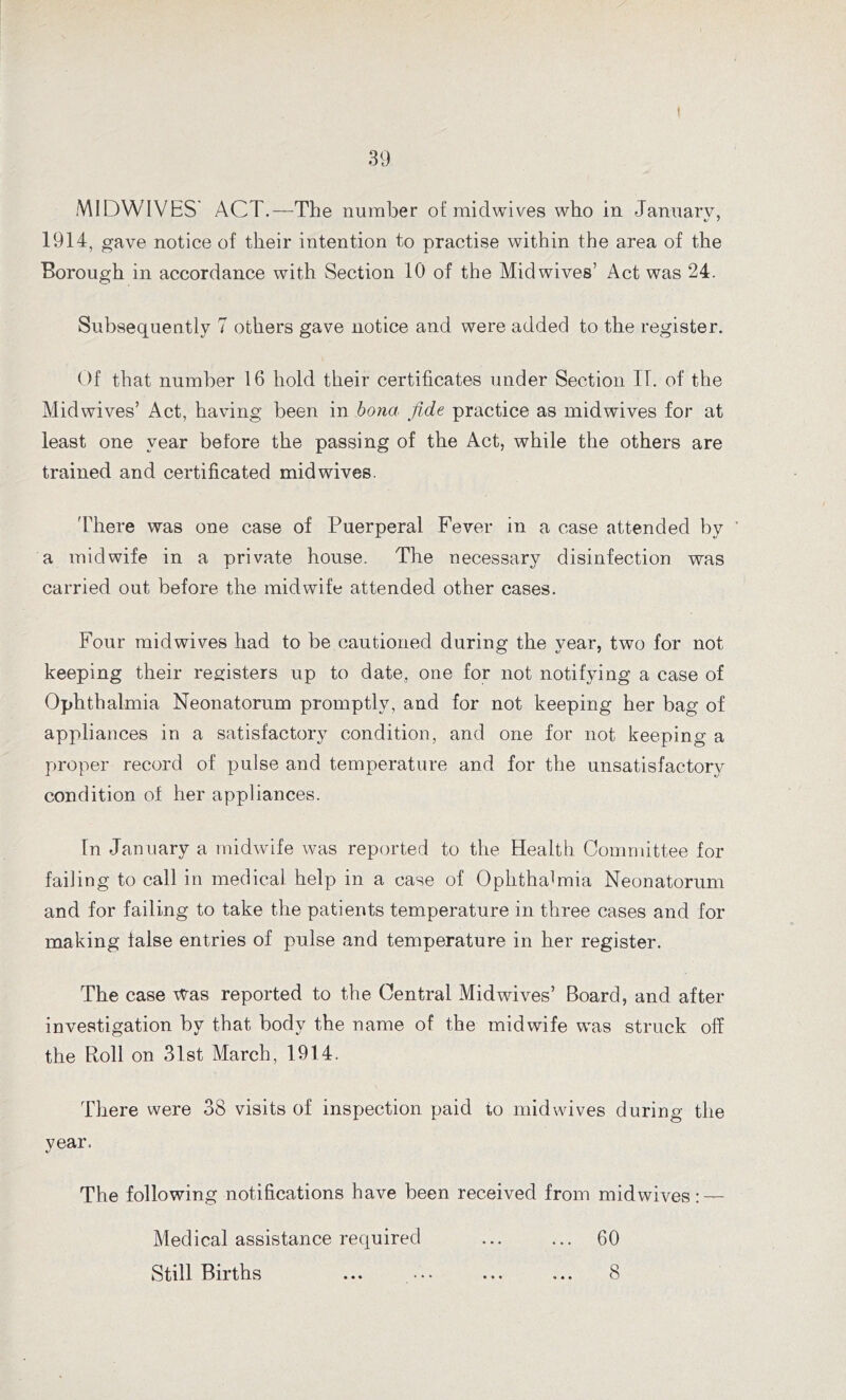 I 39 MIDWIVES' ACT.—The number of midwives who in January, 1914, gave notice of their intention to practise within the area of the Borough in accordance with Section 10 of the Mid wives’ Act was 24. Subsequently 7 others gave notice and were added to the register. Of that number 16 hold their certificates under Section II. of the Mid wives’ Act, having been in bona fide practice as mid wives for at least one year before the passing of the Act, while the others are trained and certificated mid wives. There was one case of Puerperal Fever in a case attended by ’ a midwife in a private house. The necessary disinfection was carried out before the midwife attended other cases. Four midwives had to be cautioned during the year, two for not keeping their registers up to date, one for not notifying a case of Ophthalmia Neonatorum promptly, and for not keeping her bag of appliances in a satisfactory condition, and one for not keeping a proper record of pulse and temperature and for the unsatisfactory condition of her appliances. In January a midwife was reported to the Health Committee for failing to call in medical help in a case of Ophthalmia Neonatorum and for failing to take the patients temperature in three cases and for making false entries of pulse and temperature in her register. The case Was reported to the Central Mid wives’ Board, and after investigation by that body the name of the midwife was struck off the Roll on 31st March, 1914. There were 38 visits of inspection paid to midwives during the year. The following notifications have been received from mid wives: — Medical assistance required ... ... 60 Still Births ... • •• ... ... 8