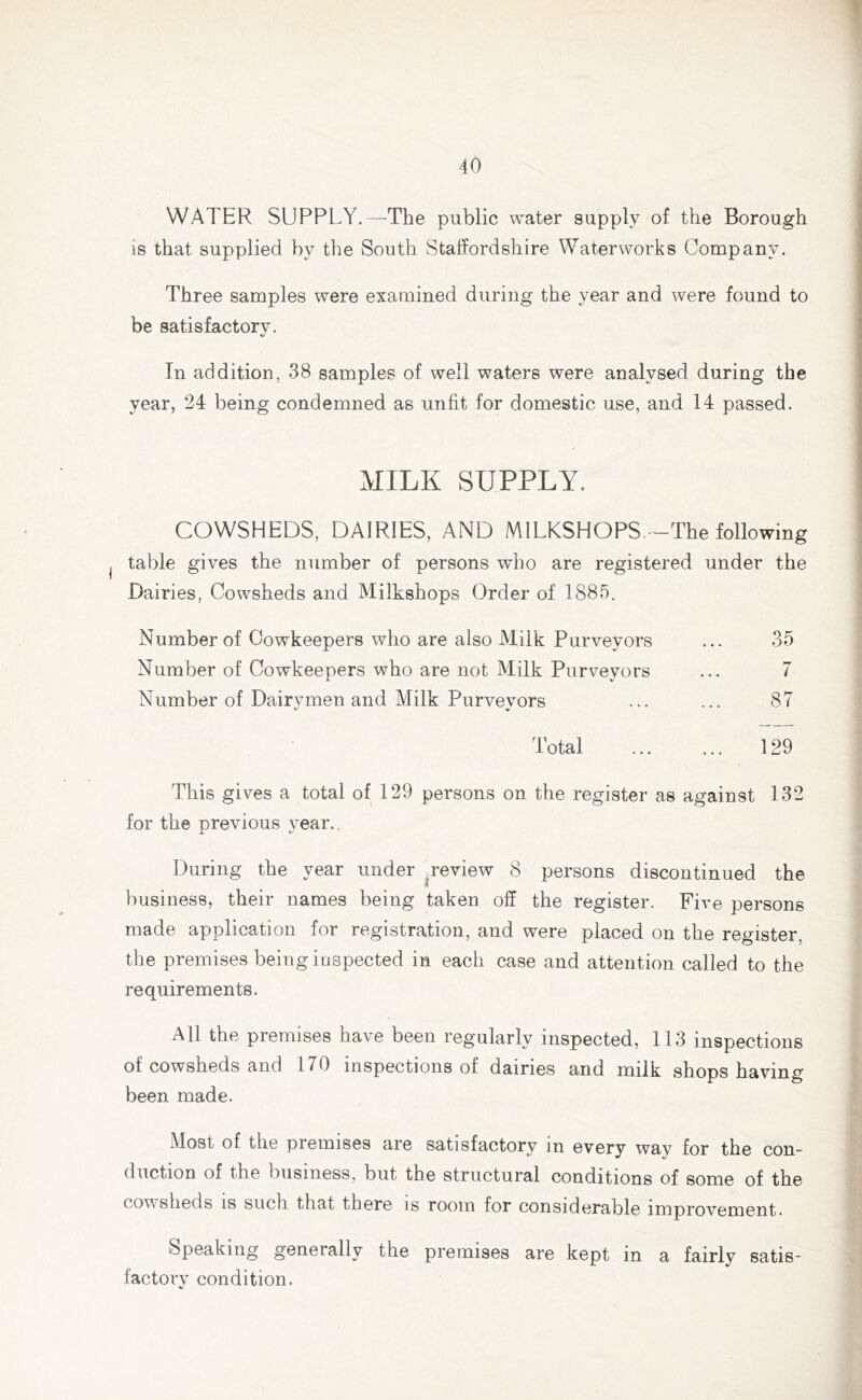 WATER SUPPLY.—The public water supply of the Borough is that supplied by the South Staffordshire Waterworks Company. Three samples were examined during the year and were found to be satisfactory. In addition, 38 samples of well waters were analysed during the year, 24 being condemned as unfit for domestic use, and 14 passed. MILK SUPPLY. COWSHEDS, DAIRIES, AND MILKS HO PS,-The following table gives the number of persons who are registered under the Dairies, Cowsheds and Milkshops Order of 1885. Number of Cowkeepers who are also Milk Purveyors ... 35 Number of Cowkeepers who are not Milk Purveyors ... 7 Number of Dairymen and Milk Purveyors ... ... 87 Total 129 This gives a total of 129 persons on the register as against 132 for the previous year.. During the year under review 8 persons discontinued the business, their names being taken off the register. Five persons made application for registration, and were placed on the register, the premises being inspected in each case and attention called to the requirements. All the premises have been regularly inspected, 113 inspections of cowsheds and 170 inspections of dairies and milk shopshaving been made. Most of the premises are satisfactory in every way for the con- duction of the business, but the structural conditions of some of the covsheds is such that there is room for considerable improvement. bpeaking generally the premises are kept in a fairly satis- factory condition.