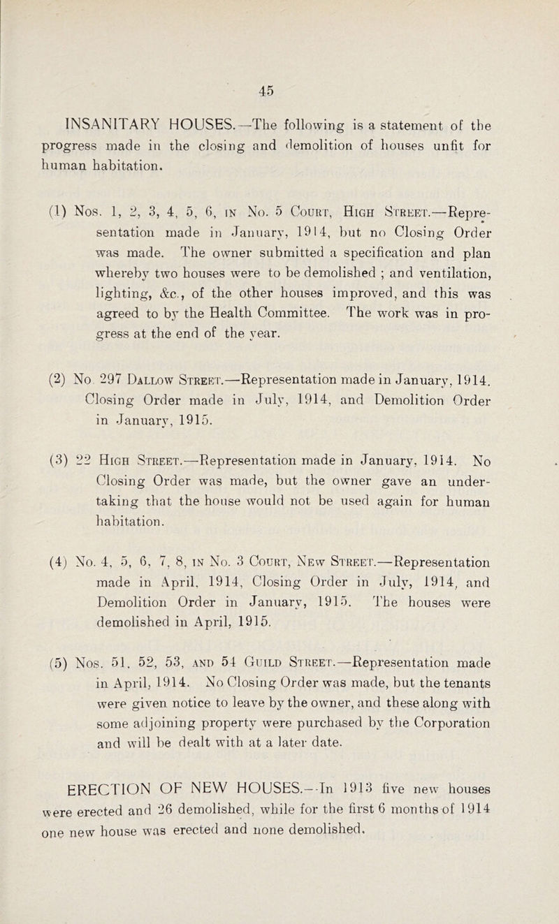 INSANITARY HOUSES.—The following is a statement of the progress made in the closing and demolition of houses unfit for human habitation. (1) Nos. 1, 2, 3, 4, 5, 6, in No. 5 Court, High Street.—Repre- sentation made in January, 1914, but no Closing Order was made. The owner submitted a specification and plan whereby two houses were to be demolished ; and ventilation, lighting, &c., of the other houses improved, and this was agreed to by the Health Committee. The work was in pro- gress at the end of the vear. (2) No 297 Dallow Street.—Representation made in January, 1914. Closing Order made in July, 1914, and Demolition Order in January, 1915. (3) 22 High Street.—Representation made in January, 1914. No Closing Order was made, but the owner gave an under- taking that the house would not be used again for human habitation. (4) No. 4, 5, 6, 7, 8, in No. 3 Court, New Street.—Representation made in April. 1914, Closing Order in July, 1914, and Demolition Order in January, 1915. The houses were demolished in April, 1915. (5) Nos. 51. 52, 53, and 54 Guild Street.—Representation made in April, 1914. No Closing Order was made, but the tenants were given notice to leave by the owner, and these along with some adjoining property were purchased by the Corporation and will be dealt with at a later date. ERECTION OF NEW HOUSES.—-In 1913 five new houses were erected and 26 demolished, while for the first 6 months of 1914 one new house was erected and none demolished.