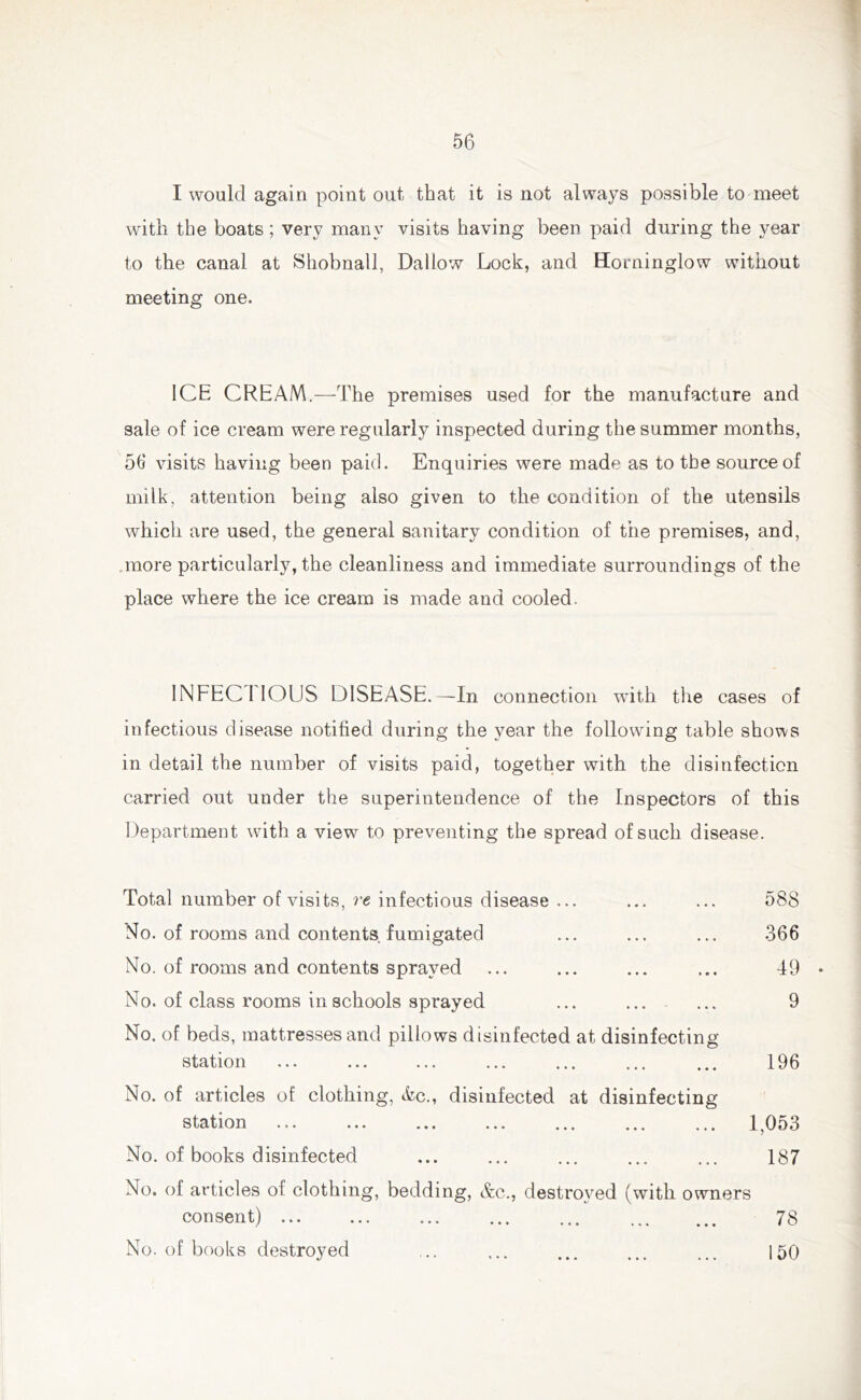 I would again point out that it is not always possible to meet with the boats; very many visits having been paid during the year to the canal at Shobnall, Dallow Lock, and Horninglow without meeting one. ICE CREAM.—The premises used for the manufacture and sale of ice cream were regularly inspected during the summer months, 56 visits having been paid. Enquiries were made as to the source of milk, attention being also given to the condition of the utensils which are used, the general sanitary condition of the premises, and, more particularly, the cleanliness and immediate surroundings of the place where the ice cream is made and cooled. INFEC I IOUS DISEASE.—In connection with the cases of infectious disease notified during the year the following table shows in detail the number of visits paid, together with the disinfection carried out under the superintendence of the Inspectors of this Department with a view to preventing the spread of such disease. Total number of visits, re infectious disease ... ... ... 588 No. of rooms and contents fumigated ... ... ... 366 No. of rooms and contents sprayed ... ... ... ... 49 No. of class rooms in schools sprayed ... ... ... 9 No. of beds, mattresses and pillows disinfected at disinfecting station ... ... ... ... ... ... ... 196 No. of articles of clothing, &c., disinfected at disinfecting station ... ... ... ... ... ... ... 1,053 No. of books disinfected ... ... ... ... ... 187 No. of articles of clothing, bedding, &c., destroyed (with owners consent) 78 No. of books destroyed ... ... ... ... ... |5Q