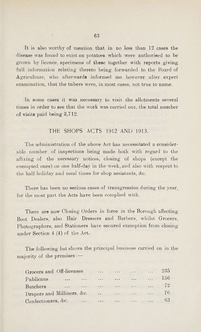 It is also worthy of mention that in no less than 12 cases the disease was found to exist on potatoes which were authorised to be grown by licence, specimens of these together with reports giving full information relating thereto being forwarded to the Board of Agriculture, who afterwards informed me however after expert examination, that the tubers were, in most cases, not true to name. In some cases it was, necessary to visit the allotments several times in order to see that the work was carried out, the total number of visits paid being 3,712. THE SHOPS ACTS 1912 AND 1913. The administration of the above Act has necessitated a consider- able number of inspections being made both with regard to the affixing of the necessary notices, closing of shops (except the exempted ones) on one half-day in the week, and also with respect to the half-holiday and meal times for shop assistants, Ac. There has been no serious cases of transgression during the year, for the most part the Acts have been complied with. There are now Closing Orders in force in the Borough affecting Boot Dealers, also Hair Dressers and Barbers, whilst Grocers, Photographers, and Stationers have secured exemption from closing under Section 4 (4) of the Act. The following list shows the principal business carried on in the majority of the premises: — Grocers and Off-licenses Publicans Butchers Drapers and Milliners, Ac. Confectioners, Ac. 235 156 72 76 63