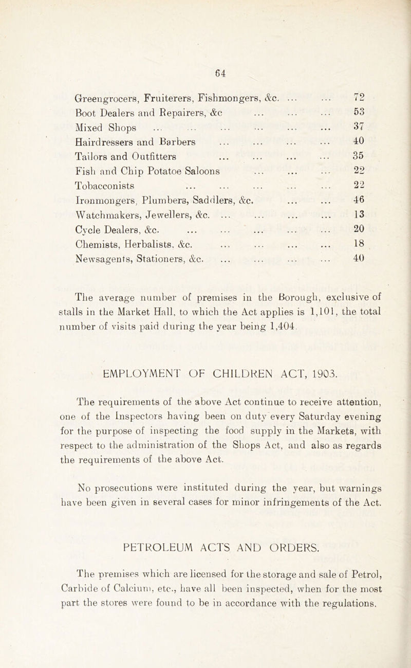 Greengrocers, Fruiterers, Fishmongers, Ac, ... 72 Boot Dealers and Repairers, Ac 53 Mixed Shops 37 Hairdressers and Barbers 40 Tailors and Outfitters 35 Fish and Chip Potatoe Saloons 22 Tobacconists 22 Ironmongers, Plumbers, Saddlers, Ac. 46 Watchmakers, Jewellers, Ac. ... 13 Cycle Dealers, Ac. 20 Chemists, Herbalists. Ac. 18 Newsagents, Stationers, Ac. 40 Tlie average number of premises in the Borough, exclusive of stalls in the Market Hall, to which the Act applies is 1,101, the total number of visits paid during the year being 1,404. EMPLOYMENT OF CHILDREN ACT, 1903. The requirements of the above Act continue to receive attention, one of the inspectors having been on duty every Saturday evening for the purpose of inspecting the food supply in the Markets, with respect to the administration of the Shops Act, and also as regards the requirements of the above Act. No prosecutions were instituted during the year, but warnings have been given in several cases for minor infringements of the Act. PETROLEUM ACTS AND ORDERS. The premises which are licensed for the storage and sale of Petrol, Carbide of Calcium, etc., have all been inspected, when for the most part the stores were found to be in accordance with the regulations.