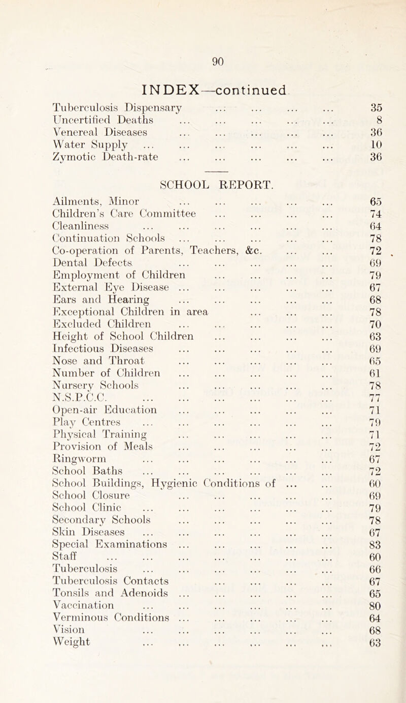 INDEX—continued Tuberculosis Dispensary ..; • « • « « • . • 35 Uncertified Deaths • • • 8 Venereal Diseases • • • • • • • • 36 Water Supply • • . 10 Zymotic Death-rate ... ... 36 SCHOOL REPORT. Ailments, Minor 65 Children’s Care Committee 74 Cleanliness 64 (Continuation Schools 78 Co-operation of Parents, Teachers, &c. 72 . Dental Defects 69 Employment of Children 79 External Eye Disease ... 67 Ears and Hearing 68 Exceptional Children in area 78 Excluded Children 70 Height of School Children 63 Infectious Diseases 69 Nose and Throat 65 Number of Children 61 Nursery Schools 78 N.S.P.C.C. i i Open-air Education 71 Play Centres 79 Physical Training 71 Proyision of Meals 72 Ringworm 67 School Baths 72 School Buildings, Hygienic Conditions of 60 School Closure 69 School Clinic 79 Secondary Schools 78 Skin Diseases 67 Special Examinations ... 83 Staff 60 Tuberculosis 66 Tuberculosis Contacts 67 Tonsils and Adenoids ... 65 Vaccination 80 Verminous Conditions ... 64 Vision 68 Weight • ♦ « » < ♦ 63
