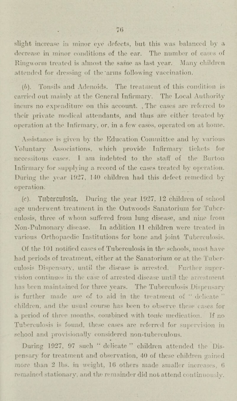 <!i'c'ivas(' in minor conditions of the oar. TIu' numlxu' of cases ot Hingworm (rtaiU'd is almost the sai'no as last year. Many chihlnm allcndod for dressing (»f the’arms following vaccination. (/>). Tonsils and Adenoids. Tiie treatment of this comjition is carried out mainly at the General rufirmary. The Local .Authority incurs no e.xjicnditun' on this account. ,'I'lie cases are referred to tlunr private me.dioal attemdants, and thus are either trtaited by operation at the Infirmary, or. in a few cases, o[)erated on at home. .Assistaiu-e is given l)y the ICducation (.'ommittec and by various ^'oluntary .\ssoeiations. which ])rovide Infirmary tiekefs for ncces'.itous eases. 1 am indebted to the staff of the Buiton Infirmary for supplyitig a. record of the cases treated by operation. Duriny llu' war 1!)27. 140 cliildren had this defect remcdicfl bv operation. (e). Ttlfcerculosis. nuring tlie year 1027, 12 children of school age underwent, treatment in the Outwoods .Sanatorium foi' 'I'ubcr- eulosis, three of whom suffered from lung disease, aiul nine from Xo]i-Pulmnnary disease. In addition 11 children were tnuite-cl in various Orthoi)aedic Institutions for bone and joint Tuberculosis. t)f the 101 notili('d ca.ses of Tuberculosis in tie' schools, most hav(* liad period.s of treatment, either at the .Sanatorium or at the Tulx'r- culosis Dispensary, until tlie di.sea.se is arrested. Furfhi-r supc'r- vision eontinue.s in the case of arrested disease until the arrestment has been maintained for three years. The Tuberouh^sis Dispensarv is further made use r»f to aid in the treatment of ” delicate  children, and the usual course has been to observe the.se c a.scs for a period of three months, combinerl with tonic medication. If no Tuberculosis is found, lhe.se ca.ses are I’eh-rrcd for sujx'rvisinn in .school and provisiunally considered non-luberculous. During 1027, 07 sucli “ dt licate ” children attended fhe Dis- jjensary for tn'alment and observation, 40 of these ehihlren gained more than 2 lbs. in weight. Iff others made smaller ima-eascs, ff remained stationary, and the remainder difl not attmid contuiuously.
