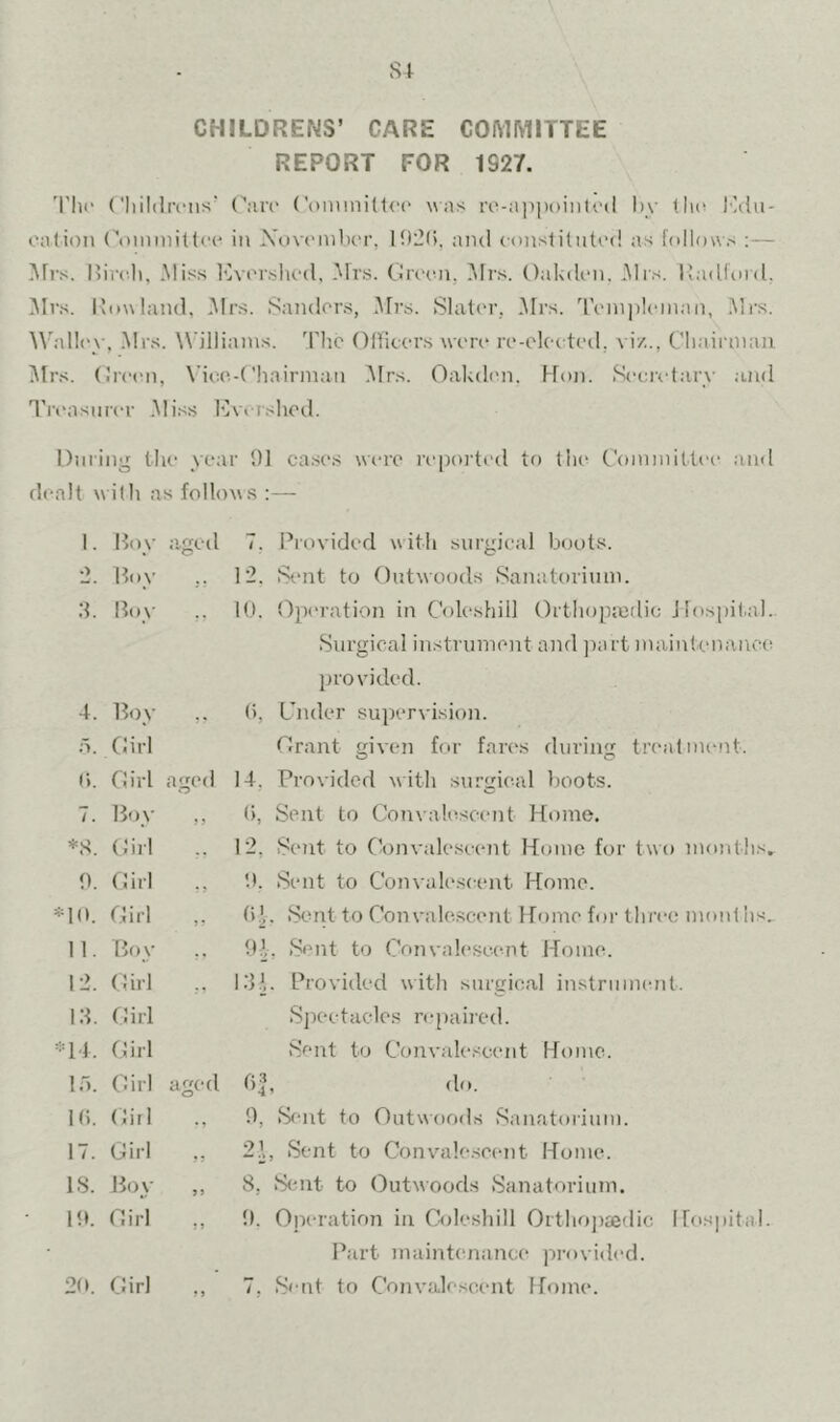CHILDRENS’ CARE COMMITTEE REPORT FOR 1927. 'I'lii' (’Iiildrcns’ ('onnnillcc' was ro.a|)iu)inti'(l by llu* ICdu- oalion (^)mmit(c(^ in Xovcmbcr, 102(), and constiliiU’d as f(ill(nv.s :— ]\rrs. Ibrcli, Miss IXi'rslu'd, ^Trs. Cirtni. ?drs. C)ak(U“n. 3Irs. IJadlurd. ^Ivs. I\()wland, .Mrs. Sanders, ^frs. Slater, .Mrs. ’’reinpleman, Mi's. AValk'v, .Mrs. ^\■jlliams. The Olticers were re-eleetetl, vi/.., Cliaii niaii ^Irs. (Jreen, Vioe.-('hainnaii ]\Irs. Oakdem. kfon. Secretary and Tieasnrer .Miss IXa ished. During the year 91 cases were ri‘|K)i'ted tr) tlic' Committee and dealt with as follows :— 1. Boy Jigetl •2. Boy ,, 3. Boy 4. Boy o. Girl t). Girl aged 7. Boy ,, *S. (hrl 9. Girl *l(t. Girl 11. Boy 12. Girl 13. Girl =M4. Girl If). Girl aged Hi. Girl 17. Girl ,, IS. Boy „ 19. Girl 29. Girl 7, Provided with siii’gieal boots. 12. S(*nt to Gutwoods Sanatovinm. 10. Gperation in Coleshiil Ortliopjodic Jlospil.al. Surgical instrument and jiart maintenance provided. b, Under supervision. Grant given for fares during treatment. O O 14, Provided with surgical boots. (), Sent to Convak'seent Home. 12, Sent to Gonvalesee7it Home for two months. 9. Sent to Convalescent Home. (i^. Sent to Con vale.scent Home foi' three months. 9i, Sent to Convalescent Home. 13C Provided with surgical instrummit. S])eetacle.s repaired. Sent to Convalescent Home. hi, do. 9, Smit to Outwoorls Sanatorium. 21, Sent to Convale.scent Home. 8, Smit to Gutwoods Sanatorium. 9, Operation in Cole.shill Orthojrjedic Hospital. Part maintenance pi-ovided. 7, Sent to Convale.scent Home.