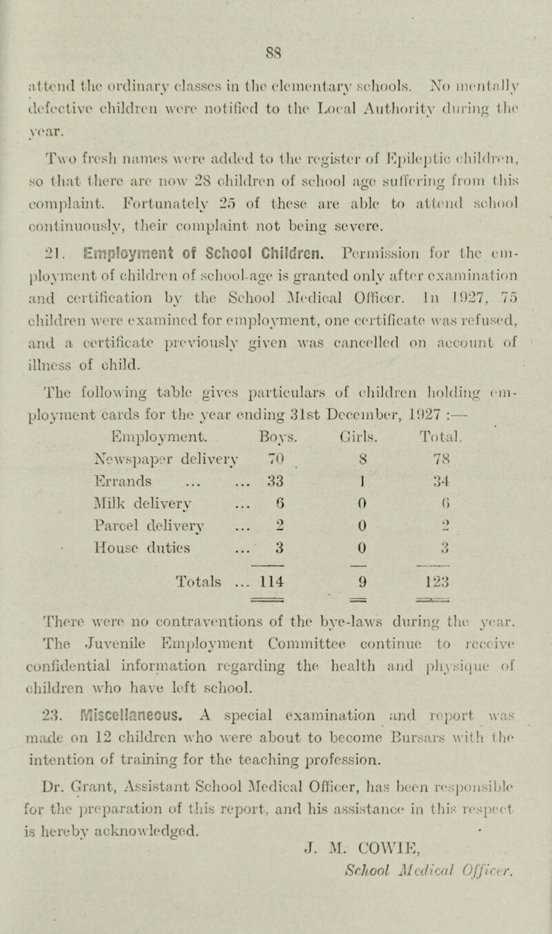 8S iUU'nd dll' (irclinarv classos in tlio (‘lonnnitary schools. Xo mentally ilofcotivc ohildrcii were notified to the Local Authority during lh(‘ yi'ar. Two fresh names were added to the register of I'/pileptic chihlren, so (hat there are now 2S children of school ag(^ sull'ci'ing from (his complaint. Fortunatel\' 25 of these are able to attend school continuously, their complaint not being severe. 21. Employment of School Children, rermission for the em- ployment of children of school-age is granted only after examination and certification by the School i\Iedieal Officer. In lf)27, 75 children were examined for ein]-)loyinent, one (an-tificate was refu.sed, and a certificate previously given nas eaneelk'd on account of illness of child. The following table gives particulars of children holding ( tn- ploynient cards for the year ending .31.st December, 1!)27 :— Employment. Boys. Girls. Tota Xewspaper delivery 70 8 78 Errands , :13 1 34 iMilk delivery 6 0 (> Parcel delivery 2 0 O House duties 3 0 3 Totals ... 114 9 123 'There were no contravi'iitions of the bye-law's (hiring the year. The. Juvenile Employment Committee continue to leeeive confidential information regarding the health and ph\sicpie of children who have left school. 2.‘L Miscellaneous. A .special examination and ri'port was made on 12 children who were about to become Bursars with (he intention of training for the teaching profcs.sion. Dr. Grant, Assistant School Medical Officer, has been responsible for the jireparation of this report, and his assi.stanct* in (his respect is hereby acknow ledged. J. M. COWIE, School Mcdicol Officer.