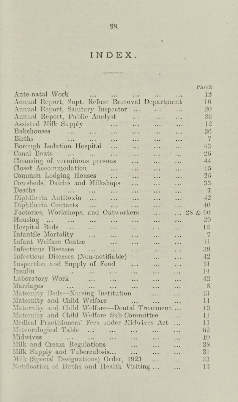 9«. INDEX. Ante-nat-al Work PA(3E 12 Annual Roport, Supt. liufuso Removal Department Hi Annual Rcjiort, Sanitary Inspector ... 20 Annual Report, P\iblie Analyst ... .... 3i) A-ssisted i\Iilk Supply 12 Bakehouses 3(3 Births 7 Borough Tsolation Hospital 43 Canal Boats 20 Cleansiirg of A'erminous persons 44 Closet Accommodation lo Common Lodging Houses 25 Cow.sheds. Dairit^s and Hilkshops 33 Deaths 7 Diphtheria Antitoxin 42 Diphtheria Contacts ... ... ... ... 40 Factorie.s, AVorksho]is, and Outworkers ... 2.S & 00 Housing ... ... 29 Hospital Beds 12 Infantile iMortality ... .... ... i Infant Welfare Centre 11 Infectious Diseases :19 Infectious Diseases (Xon-notifiable) 42 Inspection and Supply of Food 31 Insulin 14 Laboratory Work 42 Marriages 8 Maternity Beds—Xursing Institution 13 Maternity and Child Welfare 11 Maternity and Child Welfare—Dental Treatment 13 .Maternity and Child Welfare .Sub-Committee 1 1 Medical Practitioners’ Fees under .Midwives .\ot 11 .Meteorological Table ..; ... ... 02 Midwives 10 Milk and Cream Regulations 3S Milk Supply and Tuberculosis... 31 Milk (.Special De.signations) Order, 192.3 33 X'otification of Births and Health Visiting ... 13