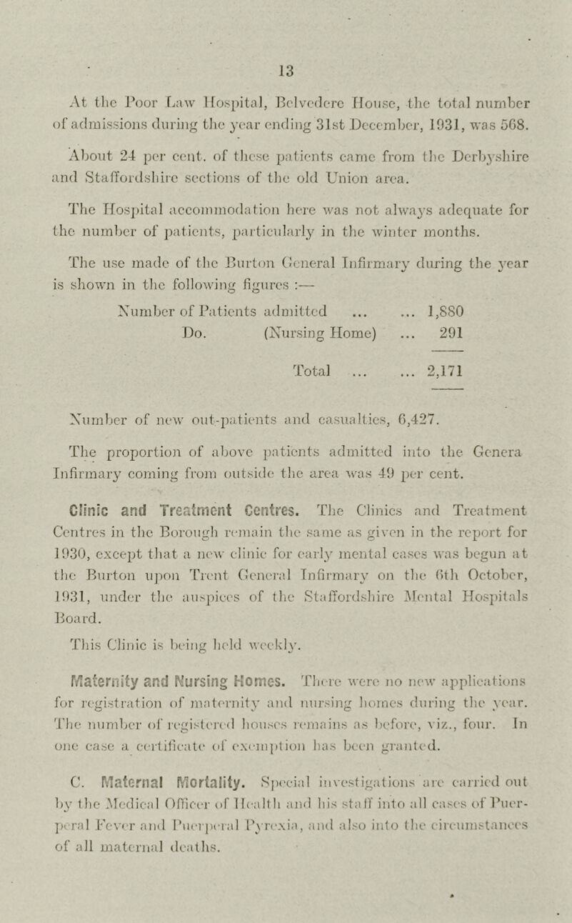 At the Poor Law Hospital, Belvedere House, the total number of admissions during the year ending 3Lst December, 1031, was 508. About 24 per cent, of these patients came from the Derbyshire and Staffordshire sections of the old Union area. The Hospital accommodation here was not always adequate for the number of patients, particularly in the winter months. The use made of the Burton General Infirmary during the year is shown in the following figures :— Number of Patients admitted ... ... 1,SS0 Do. (Nursing Home) ... 291 Total 2,171 Number of new out-patients and casualties, 6,427. The proportion of above patients admitted into the Genera Infirmary coming from outside the area was 49 per cent. Clinic and Treatment Centres. The Clinics and Treatment Centres in the Borough remain the same as given in the report for 1930, except that a new clinic for early mental cases was begun at the Burton upon Trent General Infirmary on the 6th October, 1931, under the auspices of the Staffordshire Mental Hospitals Board. This Clinic is being held weekly. Maternity and Nursing Homes. There were no new applications for registration of maternity and nursing homes during the year. The number of registered houses remains as before, viz., four. In one case a certificate of exemption has been granted. C. Maternal Mortality. Special investigations are carried out by the Medical Officer of Health and his staff into all cases of Puer- peral Fever and Puerperal Pyrexia, and also into the circumstances of all maternal deaths.