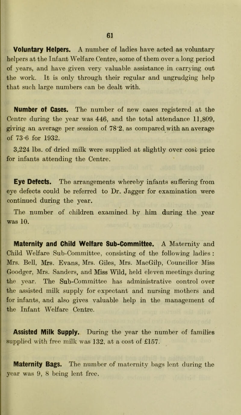 Voluntary Helpers. A number of ladies have acted as voluntary helpers at the Infant Welfare Centre, some of them over a long period of years, and have given very valuable assistance in carrying out the work. It is only through their regular and ungrudging help that such large numbers can be dealt with. Number Of Cases. The number of new cases registered at the Centre during the year was 446, and the total attendance 11,809, giving an average per session of 78'2, as compared with an average of 73-6 for 1932. 3,224 lbs. of dried milk were supplied at slightly over cost price for infants attending the Centre. Eye Defects. The arrangements whereby infants suffering from eye defects could be referred to Dr. Jagger for examination were continued during the year. The number of children examined by him during the year was 10. Maternity and Child Welfare Sub-Committee. A Maternity and Child Welfare Sub-Committee, consisting of the following ladies : Mrs. Bell, Mrs. Evans, Mrs. Giles, Mrs. MacGilp, Councillor Miss Goodger, Mrs. Sanders, and Miss Wild, held eleven meetings during the year. The Sub-Committee has administrative control over the assisted milk supply for expectant and nursing mothers and for infants, and also gives valuable help in the management of the Infant Welfare Centre. Assisted Milk Supply. During the year the number of families supplied with free milk was 132, at a cost of £157. Maternity Bags. The number of maternity bags lent during the year was 9, 8 being lent free.