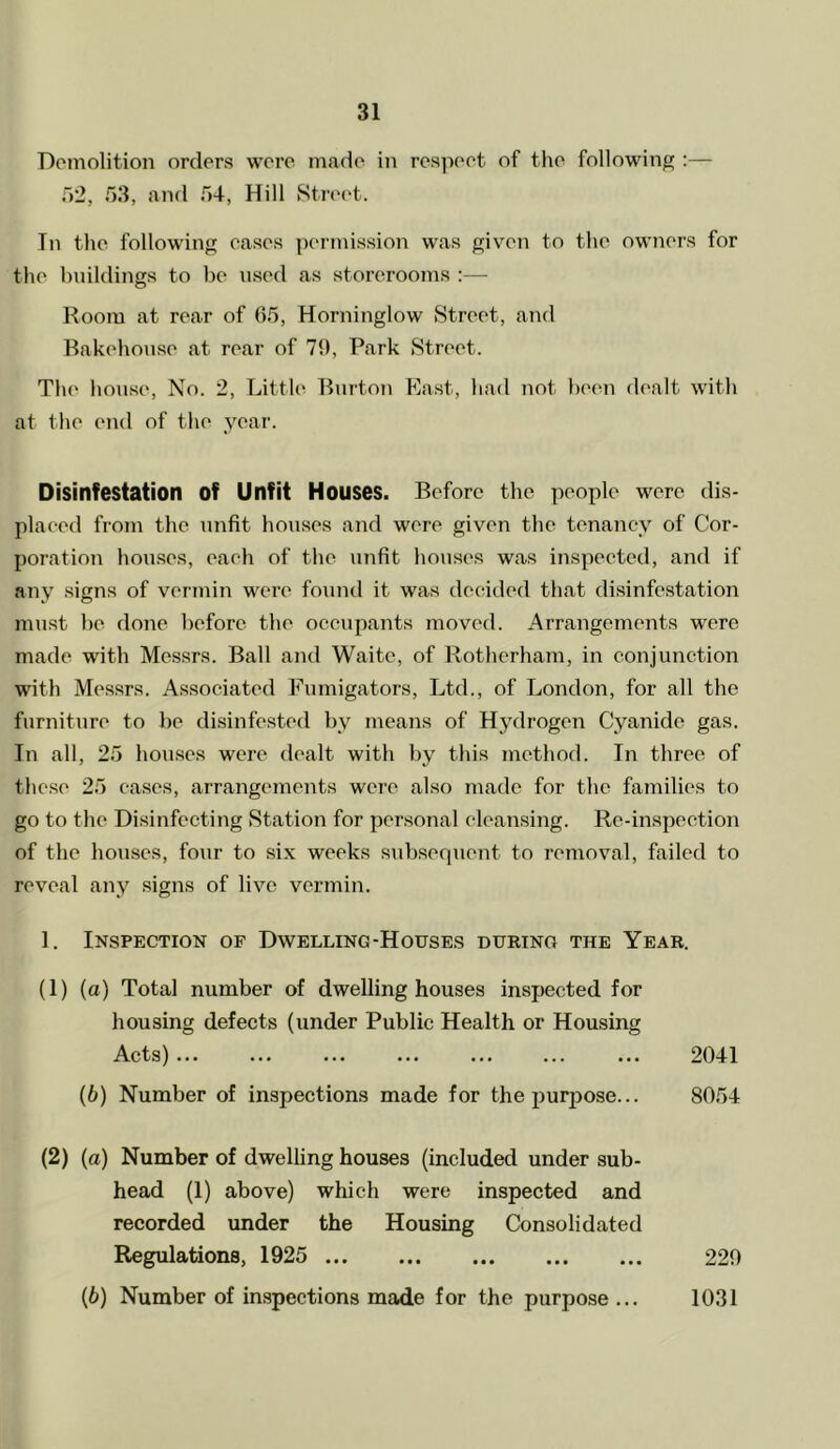 Demolition orders wore made in respeet of the following ;— ~>‘2, 53, and 54, Hill Street. In the following eases permission was given to tlie owners for the buildings to be used as storerooms :— Room at rear of 65, Horninglow Street, and Bakehouse at rear of 79, Park Street. The liouse, No. 2, Little Burton East, had not been dealt with at the end of the year. Disinfestation of Unfit Houses. Before the people were dis- plaeed from the unfit houses and were given the tenancy of Cor- poration houses, each of the unfit houses was inspected, and if any signs of vermin were found it was decided that disinfestation must be done before the occupants moved. Arrangements were made with Messrs. Ball and Waite, of Rotherham, in conjunction with Messrs. Associated Fumigators, Ltd., of London, for all the furniture to be disinfested by means of Hydrogen Cyanide gas. In all, 25 houses were dealt with by this method. In three of these 25 cases, arrangements were also made for the families to go to the Disinfecting Station for personal cleansing. Re-inspection of the houses, four to six weeks sub.secpient to removal, failed to reveal any signs of live vermin. 1. Inspection of Dwelling-Houses during the Year. (1) (a) Total number of dwelling houses inspected for housing defects (under Public Health or Housing Acts) ... 2041 (6) Number of inspections made for the purpose... 8054 (2) (a) Number of dwelling houses (included under sub- head (1) above) which were inspected and recorded under the Housing Consolidated Regulations, 1925 220 (6) Number of inspections made for the purpose ... 1031