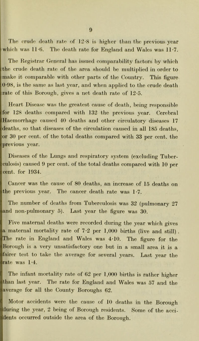 The crude death rate of 12-8 is higher than tlie jirevious year which was 11-(i. The death rate for P^ngland and Wales was 11-7. The Registrar General has issued comparability factors by which the crude death rate of the area should be multiplied in order to make it comparable with other parts of the Country. This figure 0'98, is the same as last year, and when applied to the crude death rate of this Borough, gives a net death rate of 12-5. Heart Disease was the greatest cause of death, being responsible for 128 deaths compared with 132 the previous year. Cerebral Haemorrhage caused 40 deaths and other circulatory diseases 17 deaths, so that diseases of the circulation caused in all 185 deaths, or 30 per cent, of the total deaths compared with 33 per cent, the previous year. Diseases of the Lungs and respiratory system (excluding Tuber- culosis) caused 9 per cent, of the total deaths compared with 10 per cent, for 1934. Cancer was the cause of 80 deaths, an increase of 15 deaths on the previous year. The cancer death rate was 1-7. The number of deaths from Tuberculosis was 32 (pulmonary 27 and non-pulmonary 5). Last year the figure was 30. Five maternal deaths were recorded during the year which gives a maternal mortality rate of 7-2 per 1,000 births (live and still) . The rate in England and Wales was 4*10. The figure for the Borough is a very unsatisfactory one but in a small area it is a fairer test to take the average for several years. Last year the rate was 1-4. The infant mortality rate of 62 per 1,000 births is rather higher than last year. The rate for England and Wales was 57 and the average for all the County Boroughs 62. Motor accidents were the cause of 10 deaths in the Borough during the year, 2 being of Borough residents. 8ome of the acci- dents occurred outside the area of the Borough.
