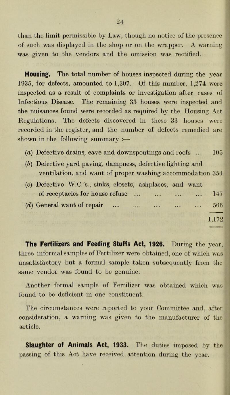 than the limit permissible by Law, though no notice of the presence of such was displayed in the shop or on the wrapper. A warning was given to the vendors and the omission was rectified. Housing. The total number of houses inspected during the year 1935, for defects, amounted to 1,307. Of this number, 1,274 were inspected as a result of complaints or investigation after cases of Infectious Disease. The remaining 33 houses were inspected and the nuisances found were recorded as required by the Housing Act Regulations. The defects discovered in these 33 houses were recorded in the register, and the number of defects remedied are shown in the following summary :■— (a) Defective drains, eave and downspoutings and roofs ... 105 (b) Defective yard paving, dampness, defective lighting and ventilation, and want of proper washing accommodation 354 (c) Defective W.C.’s., sinks, closets, ashplaces, and want of recej3tacles for house refuse ... ... ... ... 147 (d) General want of repair 566 1,172 The Fertilizers and Feeding Stuffs Act, 1926. During the year, three informal samples of Fertilizer were obtained, one of which was unsatisfactory but a formal sample taken subsequently from the same vendor was found to be genuine. Another formal sample of Fertilizer was obtained which was found to be deficient in one constituent. The circumstances were reported to your Committee and, after consideration, a warning was given to the manufacturer of the article. Slaughter of Animals Act, 1933. The duties imposed by the passing of this Act have received attention during the year.