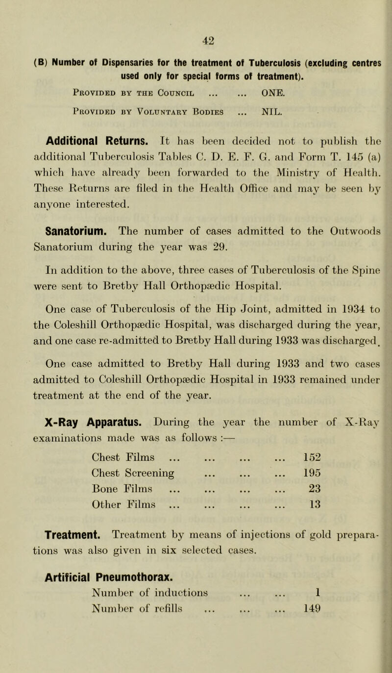 (B) Number of Dispensaries for the treatment of Tuberculosis (excluding centres used only for special forms of treatment). Provided by the Council ONE. Provided by Voluntary Bodies ... NIL. Additional Returns. It ha.s lieon decifled not to pidilish the additional Tuberenlosis Tallies C. D. E. F. G. and Form T. 145 (a) which have already heen forwarded to the Ministry of Health. These Returns are filed in the Health Office and may he seen hy anyone interested. Sanatorium. The number of cases admitted to the Ontwoods Sanatorium during the year was 29. In addition to the above, three cases of Tuberculosis of the Spine were sent to Brethy Hall Orthopaedic Hospital. One case of Tuberculosis of the Hip Joint, admitted in 1934 to the Coleshill Orthopaedic Hospital, was discharged during the year, and one case re-admitted to Brethy Hall during 1933 was discharged. One case admitted to Brethy Hall during 1933 and two cases admitted to Coleshill Orthopaedic Hospital in 1933 remained under treatment at the end of the year. X-Ray Apparatus. During the year the number of X-Ray examinations made was as follows ;— Chest Films ... 152 Chest Screening ... 195 Bone Films 23 Other Films 13 Treatment. Treatment by means of injections of gold prepara- tions was also given in six selected cases. Artificial Pneumothorax. Number of inductions ... ... 1 Number of refills ... ... ... 149