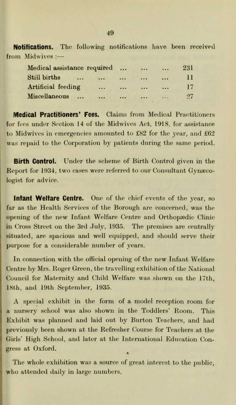 Notifications. The following notifications have been received from Midwives :— Medical assistance required 231 Stillbirths ... 11 Artificial feeding ... ... ... ... 17 Miscellaneous ... ... ... ... ... 27 Medical Practitioners’ Fees. Claims from Medical Praeditioners for fees under Section 14 of the Midwives Act, 1918, for assistance to Midwives in emergencies amounted to £82 for the ,year, and £62 w'as repaid to the Corporation by patients during the same period. Birth Control. Under the scheme of Birth Control given in the Report for 1934, two cases were referred to our Consultant Gynaeco- logist for advice. Infant Welfare Centre. One of the chief events of the year, so far as the Health Services of the Borough are concerned, was the opening of the new Infant Welfare Centre and Orthopaedic Clinic ; in Cross Street on the 3rd July, 1935. The premises are centrally I situated, are spacious and well equipped, and should serve their purpose for a considerable number of years. In connection with the official opening of the new Infant Welfare Centre by Mrs. Roger Green, the travelling exhibition of the National Council for Maternity and Child Welfare was shown on the 17th, 18th, and 19th September, 1935. A special exhibit in the form of a model reception room for a nurserj school was also shown in the Toddlers’ Room. This Exhibit was planned and laid out by Burton Teachers, and had previously been shown at the Refresher Course for Teachers at the ( Girls’ High School, and later at the International Education Con- 1 gress at Oxford. The whole exhibition was a source of great interest to the public, 'I who attended daily in large numbers.