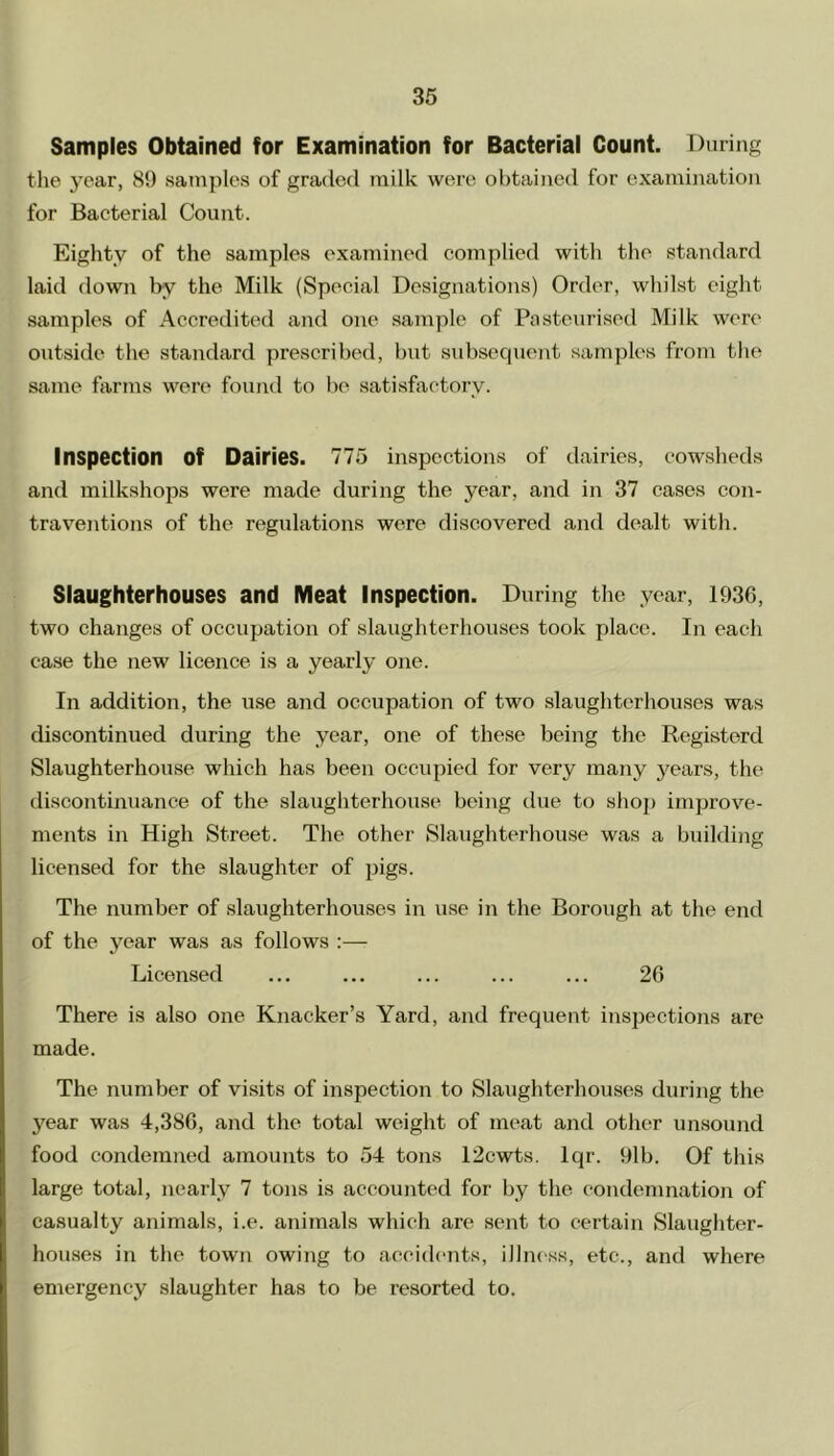 Samples Obtained for Examination for Bacterial Count. During the year, 89 samples of graded milk were obtained for examination for Bacterial Count. Eighty of the samples examined complied with the standard laid down by the Milk (Special Designations) Order, whilst eight samples of Accredited and one sample of Pasteurised Milk were outside the standard prescribed, but subsequent samples from the same farms were found to be satisfactory. Inspection Of Dairies. 775 inspections of dairies, cowsheds and milkshops were made during the year, and in 37 cases con- traventions of the regulations were discovered and dealt with. Slaughterhouses and Meat Inspection. During the year, 193G, two changes of occupation of slaughterhouses took place. In each case the new licence is a yearly one. In addition, the use and occupation of two slaughterhouses was discontinued during the year, one of these being the Registerd Slaughterhouse which has been occupied for very many years, the discontinuance of the slaughterhouse being due to shop improve- ments in High Street. The other Slaughterhouse was a building licensed for the slaughter of pigs. The number of slaughterhouses in use in the Borough at the end of the year was as follows :— Licensed ... ... ... ... ... 26 There is also one Knacker’s Yard, and frequent inspections are made. The number of visits of inspection to Slaughterhouses during the year was 4,386, and the total weight of meat and other unsound food condemned amounts to 54 tons 12cwts. lqr. 91b. Of this large total, nearly 7 tons is accounted for by the condemnation of casualty animals, i.e. animals which are sent to certain Slaughter- houses in the town owing to accidents, illness, etc., and where emergency slaughter has to be resorted to.