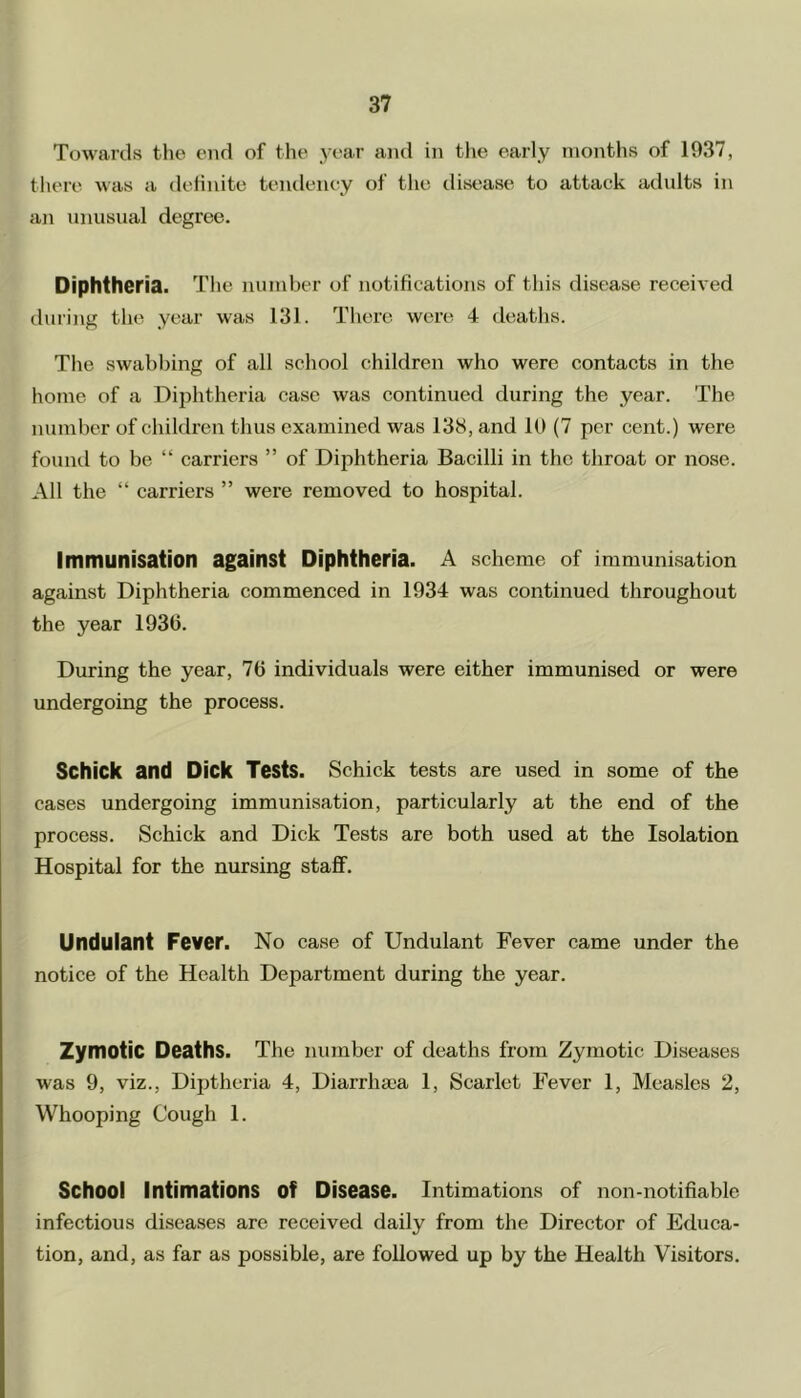 Towards the end of the year and in the early months of 1937, there was a definite tendency of the disease to attack adults in an unusual degree. Diphtheria. The number of notifications of this disease received during the year was 131. There were 4 deaths. The swabbing of all school children who were contacts in the home of a Diphtheria case was continued during the year. The number of children thus examined was 138, and 10 (7 per cent.) were found to be “ carriers ” of Diphtheria Bacilli in the throat or nose. All the “ carriers ” were removed to hospital. Immunisation against Diphtheria. A scheme of immunisation against Diphtheria commenced in 1934 was continued throughout the year 1936. During the year, 76 individuals were either immunised or were undergoing the process. Schick and Dick Tests. Schick tests are used in some of the cases undergoing immunisation, particularly at the end of the process. Schick and Dick Tests are both used at the Isolation Hospital for the nursing staff. Undulant Fever. No case of Undulant Fever came under the notice of the Health Department during the year. Zymotic Deaths. The number of deaths from Zymotic Diseases was 9, viz., Diptheria 4, Diarrluea 1, Scarlet Fever 1, Measles 2, Whooping Cough 1. School Intimations Of Disease. Intimations of non-notifiable infectious diseases are received daily from the Director of Educa- tion, and, as far as possible, are followed up by the Health Visitors.