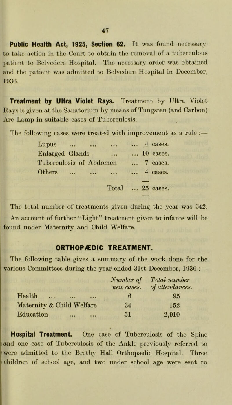 Public Health Act, 1925, Section 62. It was found necessary to take action in the Court to obtain the removal of a tuberculous patient to Belvedere Hospital. The neeessary order was obtained ami the patient was admitted to Belvedere Hospital in December, 1936. Treatment by Ultra Violet Rays. Treatment by Ultra Violet Rays is given at the Sanatorium by means of Tungsten (and Carbon) Arc Lamp in suitable cases of Tuberculosis. The following cases were treated with improvement as a rule :— Lupus Enlarged Glands Tuberculosis of Abdomen Others ... 4 cases. ... 10 cases. ... 7 cases. ... 4 cases. Total ... 25 cases. The total number of treatments given during the year was 542. An account of further “Light” treatment given to infants will be found under Maternity and Child Welfare. ORTHOP/EDIC TREATMENT. The following table gives a summary of the work done for the various Committees during the year ended 31st December, 1930 :— Number of Total number new cases. of attendances. Health ... ... ... 6 95 Maternity & Child Welfare 34 152 Education 51 2,910 Hospital Treatment. One case of Tuberculosis of the Spine and one case of Tuberculosis of the Ankle previously referred to were admitted to the Bretby Hall Orthopaedic Hospital. Three children of school age, and two under school age were sent to