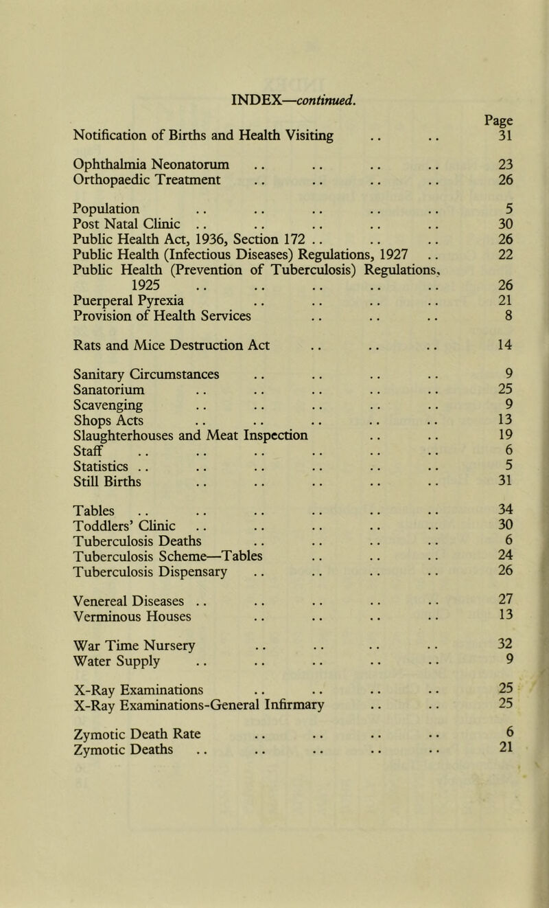 INDEX—continued. Notification of Births and Health Visiting • » • • Page 31 Ophthalmia Neonatorum 23 Orthopaedic Treatment . . 26 Population .. 5 Post Natal Clinic .. • • • • 30 Public Health Act, 1936, Section 172 .. • • • • 26 Public Health (Infectious Diseases) Regulations, 1927 22 Public Health (Prevention of Tuberculosis) Regulations, 1925 26 Puerperal Pyrexia 21 Provision of Health Services 8 Rats and Mice Destruction Act 14 Sanitary Circumstances 9 Sanatorium 25 Scavenging 9 Shops Acts 13 Slaughterhouses and Meat Inspection 19 Staff 6 Statistics .. 5 Still Births 31 Tables 34 Toddlers’ Clinic 30 Tuberculosis Deaths 6 Tuberculosis Scheme—Tables 24 Tuberculosis Dispensary 26 Venereal Diseases .. 27 Verminous Houses 13 War Time Nursery 32 Water Supply 9 X-Ray Examinations 25 X-Ray Examinations-General Infirmary 25 Zymotic Death Rate • • • • 6 Zymotic Deaths • • • •