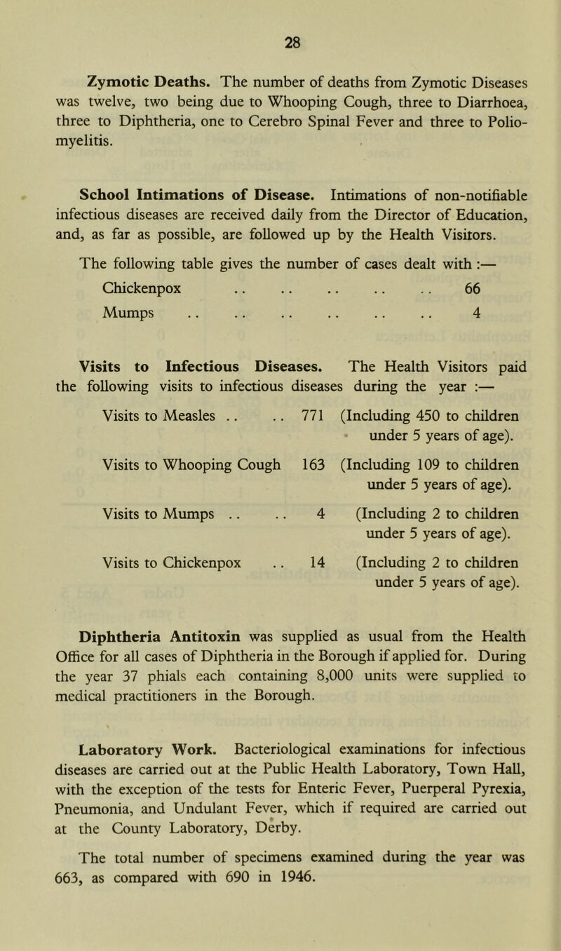 Zymotic Deaths. The number of deaths from Zymotic Diseases was twelve, two being due to Whooping Cough, three to Diarrhoea, three to Diphtheria, one to Cerebro Spinal Fever and three to Polio- myelitis. School Intimations of Disease. Intimations of non-notifiable infectious diseases are received daily from the Director of Education, and, as far as possible, are followed up by the Health Visitors. The following table gives the number of cases dealt with :— Chickenpox .. .. .. .. 66 Mumps .. .. .. .. .. .. 4 Visits to Infectious Diseases. The Health Visitors paid the following visits to infectious Visits to Measles .. Visits to Whooping Cough Visits to Mumps .. diseases during the year :— 771 (Including 450 to children • under 5 years of age). 163 (Including 109 to children under 5 years of age). 4 (Including 2 to children under 5 years of age). Visits to Chickenpox .. 14 (Including 2 to children under 5 years of age). Diphtheria Antitoxin was supphed as usual from the Health Office for all cases of Diphtheria in the Borough if applied for. During the year 37 phials each containing 8,000 units were supplied to medical practitioners in the Borough. Laboratory Work. Bacteriological examinations for infectious diseases are carried out at the Pubhc Health Laboratory, Town Hall, with the exception of the tests for Enteric Fever, Puerperal Pyrexia, Pneumonia, and Undulant Fever, which if required are carried out at the County Laboratory, Derby. The total number of specimens examined during the year was 663, as compared with 690 in 1946.
