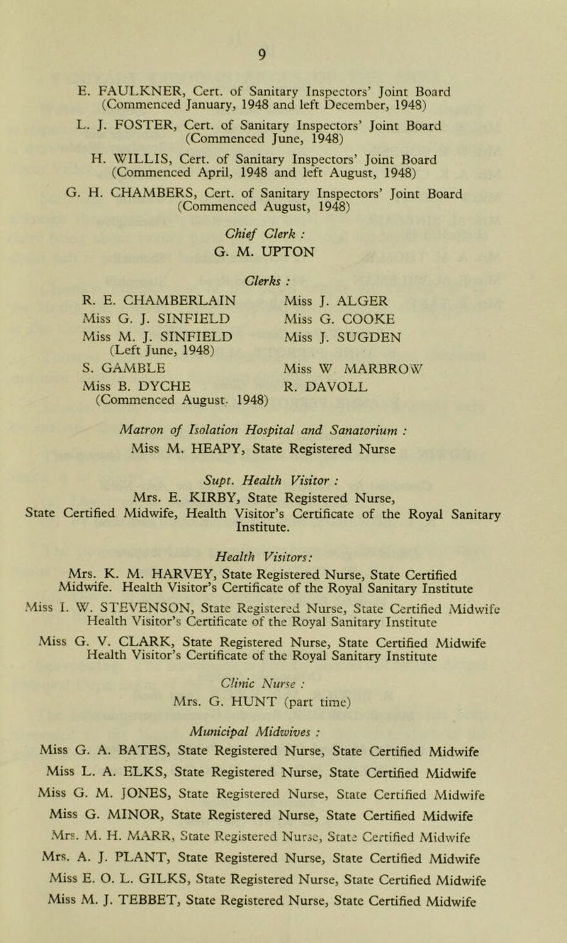 E. FAULKNER, Cert, of Sanitary Inspectors’ Joint Board (Commenced January, 1948 and left December, 1948) L. J. FOSTER, Cert, of Sanitary Inspectors’ Joint Board (Commenced June, 1948) H. WILLIS, Cert, of Sanitary Inspectors’ Joint Board (Commenced April, 1948 and left August, 1948) G. H. CHAMBERS, Cert, of Sanitary Inspectors’ Joint Board (Commenced August, 1948) Chief Clerk : G. M. UPTON R. E. CHAMBERLAIN Miss G. J. SINFIELD Miss M. J. SINFIELD (Left June, 1948) S. GAMBLE Miss B. DYCHE (Commenced August. Clerks : Miss J. ALGER Miss G. COOKE Miss J. SUGDEN Miss W IvlARBROW R. DAVOLL 1948) Matron of Isolation Hospital and Sanatorium : Miss M. HEAPY, State Registered Nurse Supt. Health Visitor : Mrs. E. KIRBY, State Registered Nurse, State Certified Midwife, Health Visitor’s Certificate of the Royal Sanitary Institute. Health Visitors: Mrs. K. M. HARVEY, State Registered Nurse, State Certified Midwife. Health Visitor’s Certificate of the Royal Sanitary Institute .Miss 1. W. STEVENSON, State Registered Nurse, State Certified Midwife Health Visitor’s Certificate of the Royal Sanitary Institute Miss G. V. CLARK, State Registered Nurse, State Certified Midwife Health Visitor’s Certificate of the Royal Sanitary Institute Clinic Nurse : Mrs. G. HUNT (part time) Municipal Midwives : Miss G. A. BATES, State Registered Nurse, State Certified Midwife .Miss L. A. ELKS, State Registered Nurse, State Certified Midwife Miss G. M. JONES, State Registered Nurse, State Certified Midwife Miss G. MINOR, State Registered Nurse, State Certified Midwife Mrs. M. H. MARR, State Registered Nurse, State Certified Midwife Mrs. A. J. PLANT, State Registered Nurse, State Certified Midwife Miss E. O. L. GILKS, State Registered Nurse, State Certified Midwife Miss M. J. TEBBET, State Registered Nurse, State Certified Midwife