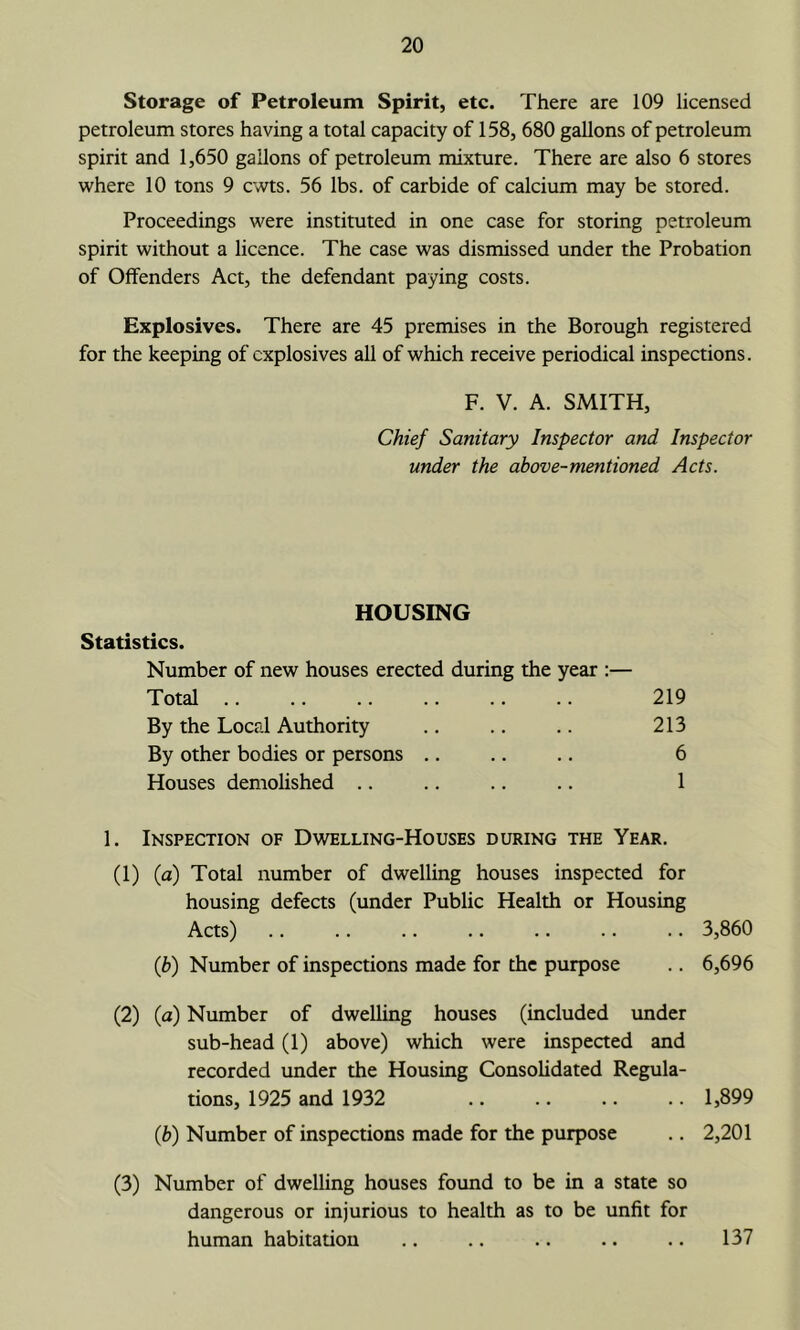 Storage of Petroleum Spirit, etc. There are 109 licensed petroleum stores having a total capacity of 158, 680 gallons of petroleum spirit and 1,650 gallons of petroleum mixture. There are also 6 stores where 10 tons 9 cwts. 56 lbs. of carbide of calcium may be stored. Proceedings were instituted in one case for storing petroleum spirit without a licence. The case was dismissed under the Probation of Offenders Act, the defendant paying costs. Explosives. There are 45 premises in the Borough registered for the keeping of explosives all of which receive periodical inspections. F. V. A. SMITH, Chief Sanitary Inspector and Inspector under the above-mentioned Acts. HOUSING Statistics. Number of new houses erected during the year :— Total .. By the Local Authority By other bodies or persons .. Houses demohshed .. 219 213 6 1 1. Inspection of Dwelling-Houses during the Year. (1) (a) Total number of dwelling houses inspected for housing defects (under Public Health or Housing Acts) .. .. .. .. .. .. .. 3,860 fb) Number of inspections made for the purpose .. 6,696 (2) (a) Number of dwelling houses (included under sub-head (1) above) which were inspected and recorded under the Housing Consolidated Regula- tions, 1925 and 1932 1,899 (b) Number of inspections made for the purpose .. 2,201 (3) Number of dwelling houses found to be in a state so dangerous or injurious to health as to be unfit for human habitation .. .. .. .. .. 137