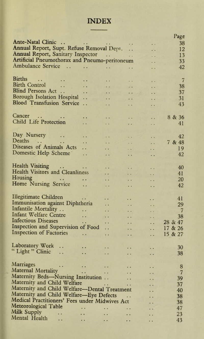 INDEX Ante-Natal Clinic .. Page 38 Annual Report, Supt. Refuse Removal Depi. .. 12 Annual Report, Sanitary Inspector 13 Artificial Pneumothorax and Pneumo-peritoneum 33 Ambulance Service .. 42 Births 7 Birth Control 38 Blind Persons Act .. 37 Borough Isolation Hospital .. 31 Blood Transfusion Service .. 43 Cancer 8 & 36 Child Life Protection 41 Day Nursery 42 Deaths 7 & 48 Diseases of Animals Acts .. 19 Domestic Help Scheme 42 Health Visiting 40 Health Visitors and Cleanliness 41 Housing 20 Home Nursing Service 42 Illegitimate Children 41 Immunisation against Diphtheria 29 Infantile Mortahty .. 7 Infant Welfare Centre 38 Infectious Diseases 28 & 47 Inspection and Supervision of Food .. 17&26 Inspection of Factories 15 & 27 Laboratory Work .. 30 “ Light ” Clinic .. .. ” 38 Marriages .. .. .. _ g Maternal Mortality .. .. 7 Maternity Beds—Nursing Institution .. .. .. 39 Maternity and Child Welfare .. .. 37 Maternity and Child Welfare—Dental Treatment .. 40 Maternity and Child Welfare—Eye Defects .. 38 Medical Practitioners’ Fees under Midwives Act .. 38 Meteorological Table .. 47 Milk Supply .. .. .. ., 23 Mental Health .. .. . at.