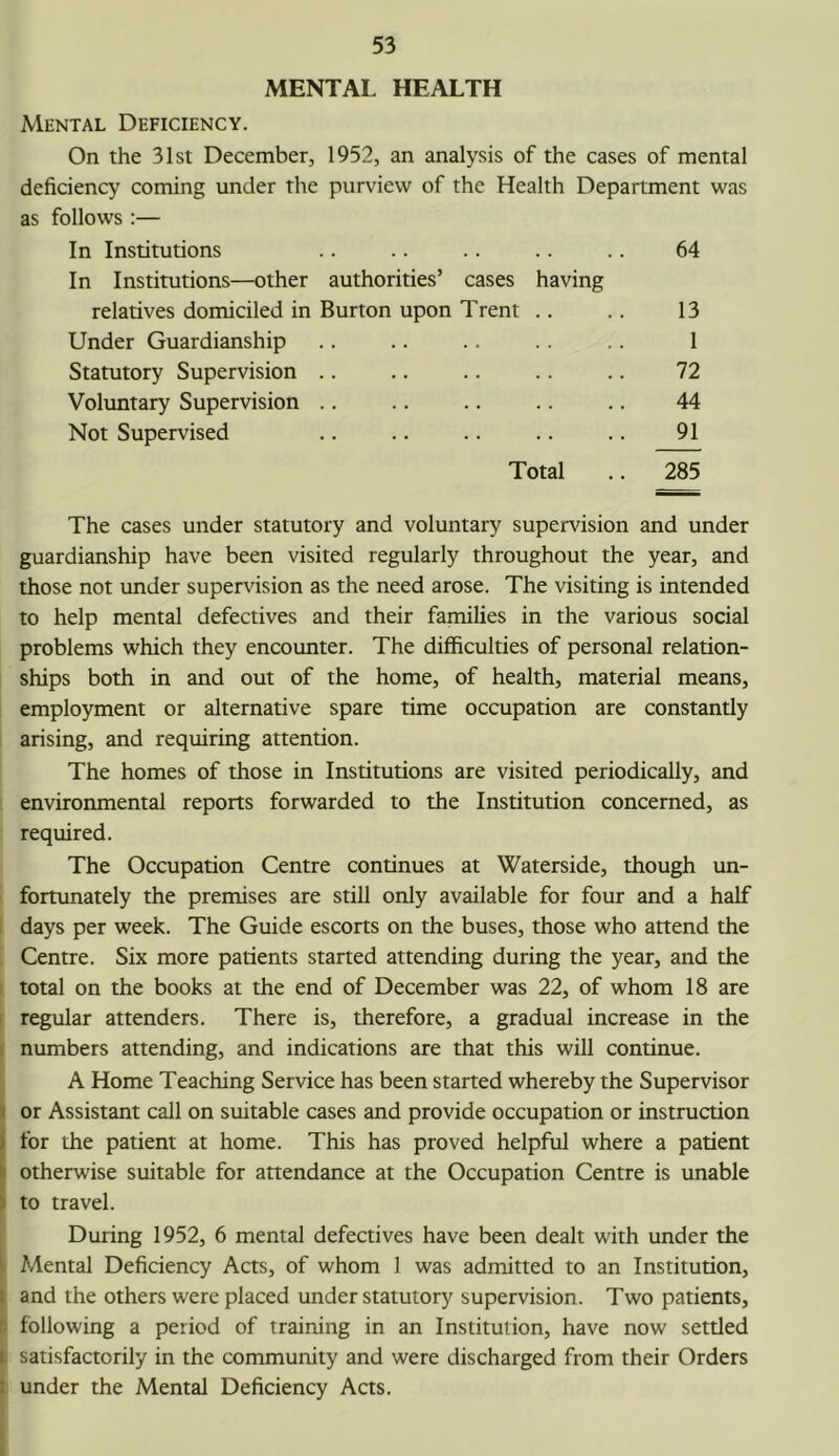 MENTAL HEALTH Mental Deficiency. On the 31st December, 1952, an analysis of the cases of mental deficiency coming under the purview of the Health Department was as follows :— In Institutions .. .. .. .. .. 64 In Institutions—other authorities’ cases having relatives domiciled in Burton upon Trent .. .. 13 Under Guardianship .. .. .. .. .. 1 Statutory Supervision .. .. .. .. .. 72 Voluntary Supervision .. .. .. .. .. 44 Not Supervised .. .. .. .. .. 91 Total .. 285 The cases under statutory and voluntary supervision and under guardianship have been visited regularly throughout the year, and those not under supervision as the need arose. The visiting is intended to help mental defectives and their families in the various social problems which they encounter. The difficulties of personal relation- ships both in and out of the home, of health, material means, employment or alternative spare time occupation are constantly arising, and requiring attention. The homes of those in Institutions are visited periodically, and ; environmental reports forwarded to the Institution concerned, as required. The Occupation Centre continues at Waterside, though un- ! fortunately the premises are still only available for four and a half 1 days per week. The Guide escorts on the buses, those who attend the Centre. Six more patients started attending during the year, and the ) total on the books at the end of December was 22, of whom 18 are r regular attenders. There is, therefore, a gradual increase in the f numbers attending, and indications are that this will continue. A Home Teaching Service has been started whereby the Supervisor or Assistant call on suitable cases and provide occupation or instruction for the patient at home. This has proved helpful where a patient ^ otherwise suitable for attendance at the Occupation Centre is unable I to travel. During 1952, 6 mental defectives have been dealt with under the I Mental Deficiency Acts, of whom 1 was admitted to an Institution, and the others were placed under statutory supervision. Two patients, i following a period of training in an Institution, have now settled I satisfactorily in the community and were discharged from their Orders ; under the Mental Deficiency Acts.