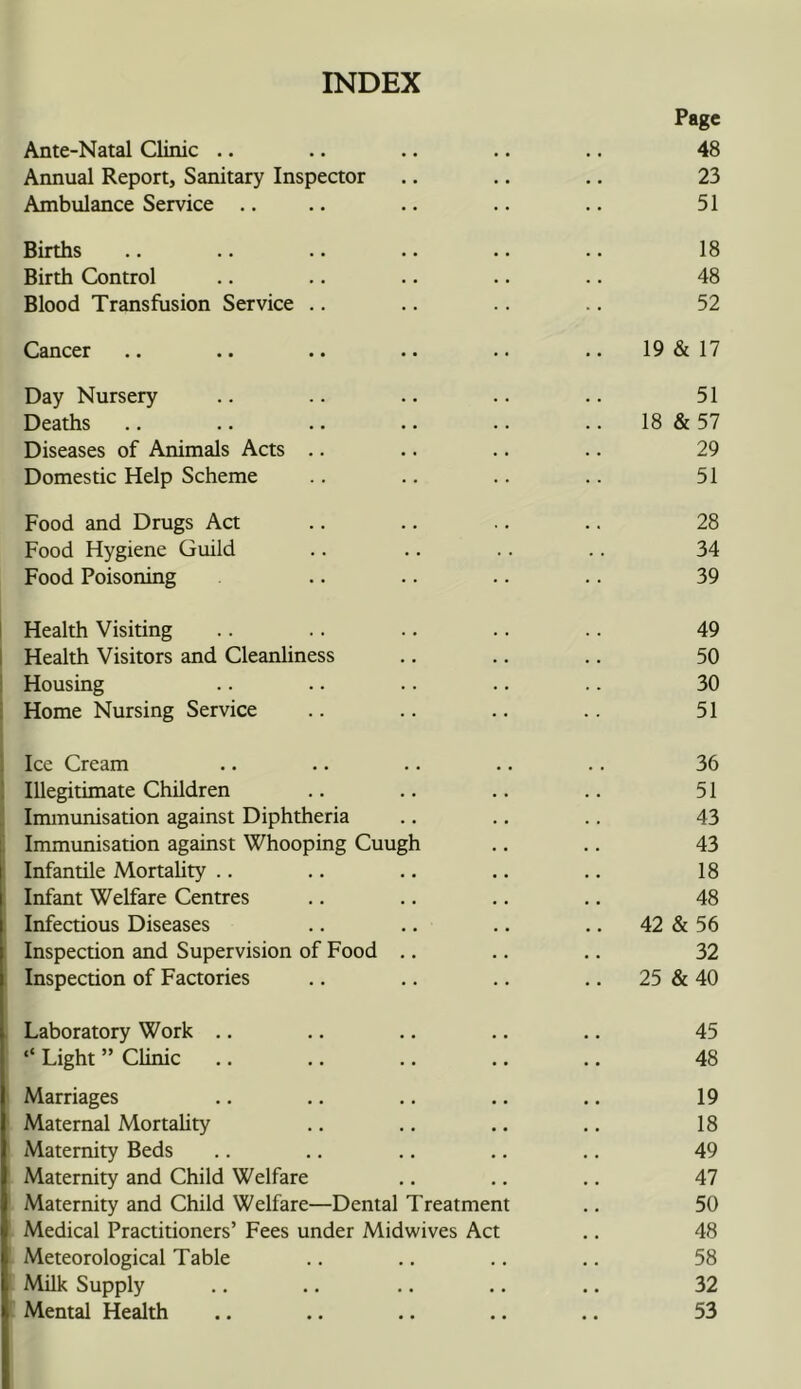 INDEX Page Ante-Natal Clinic .. .. .. .. .. 48 Annual Report, Sanitary Inspector .. .. .. 23 Ambulance Service .. .. .. .. .. 51 Births .. .. .. .. .. .. 18 Birth Control .. .. .. .. .. 48 Blood Transfusion Service .. .. .. .. 52 Cancer .. .. .. .. .. .. 19 & 17 Day Nursery .. .. .. .. .. 51 Deaths .. .. .. .. .. .. 18 & 57 Diseases of Animals Acts .. .. .. .. 29 Domestic Help Scheme .. .. .. .. 51 Food and Drugs Act .. .. .. .. 28 Food Hygiene Guild .. .. .. .. 34 Food Poisoning .. .. .. .. 39 I Health Visiting .. .. .. .. .. 49 I Health Visitors and Cleanliness .. .. .. 50 i Housing .. .. .. .. .. 30 : Home Nursing Service .. .. .. .. 51 i Ice Cream .. .. .. .. .. 36 I Illegitimate Children .. .. .. .. 51 I Immunisation against Diphtheria .. .. .. 43 L Immunisation against Whooping Cuugh .. .. 43 Infantile Mortahty .. .. .. .. .. 18 Infant Welfare Centres .. .. .. .. 48 Infectious Diseases .. .. .. .. 42 & 56 Inspection and Supervision of Food ,. .. .. 32 Inspection of Factories .. .. .. .. 25 & 40 Laboratory Work .. .. .. .. .. 45 “ Light ” Clinic .. .. .. .. .. 48 Marriages .. .. .. .. .. 19 Maternal Mortahty .. .. .. .. 18 Maternity Beds .. .. .. .. ,, 49 Maternity and Child Welfare .. .. .. 47 Maternity and Child Welfare—Dental Treatment ., 50 Medical Practitioners’ Fees under Midwives Act .. 48 Meteorological Table .. ., .. ,. 58 Milk Supply .. .. .. .. .. 32 Mental Health .. .. .. .. .. 53