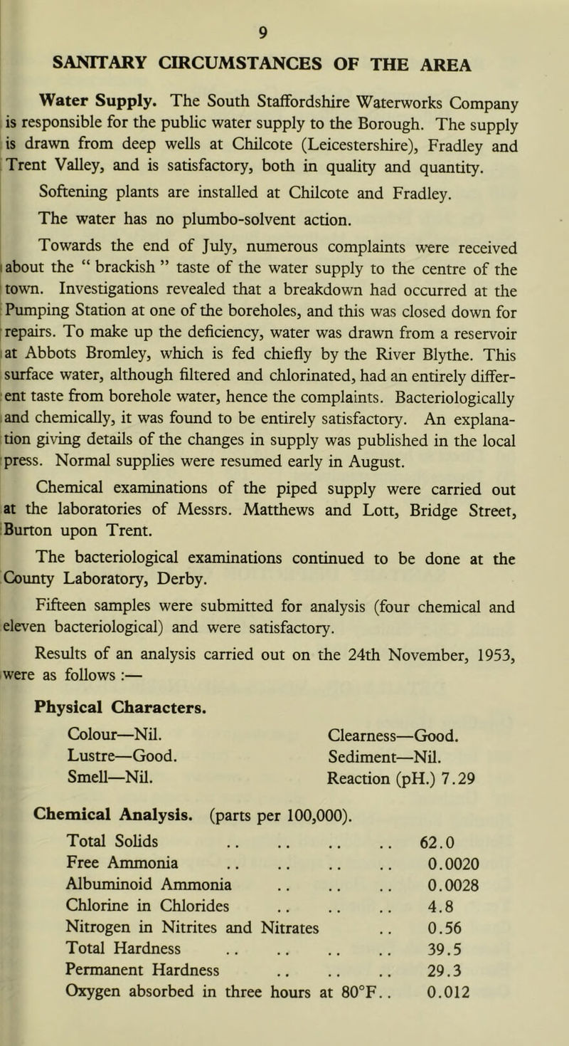 SANITARY CIRCUMSTANCES OF THE AREA Water Supply. The South Staffordshire Waterworks Company is responsible for the public water supply to the Borough. The supply is drawn from deep wells at Chilcote (Leicestershire), Fradley and Trent Valley, and is satisfactory, both in quaUty and quantity. Softening plants are installed at Chilcote and Fradley. The water has no plumbo-solvent action. Towards the end of July, numerous complaints were received I about the “ brackish ” taste of the water supply to the centre of the town. Investigations revealed that a breakdown had occurred at the Pumping Station at one of the boreholes, and this was closed down for [repairs. To make up the deficiency, water was drawn from a reservoir I at Abbots Bromley, which is fed chiefly by the River Blythe. This surface water, although Altered and chlorinated, had an entirely differ- ent taste from borehole water, hence the complaints. Bacteriologically and chemically, it was found to be entirely satisfactory. An explana- tion giving details of the changes in supply was published in the local press. Normal supplies were resumed early in August. Chemical examinations of the piped supply were carried out at the laboratories of Messrs. Matthews and Lott, Bridge Street, Burton upon Trent. The bacteriological examinations continued to be done at the Coimty Laboratory, Derby. Fifteen samples were submitted for analysis (four chemical and eleven bacteriological) and were satisfactory. Results of an analysis carried out on the 24th November, 1953, were as follows :— Physical Characters. Colour—Nil. Clearness- -Good. Lustre—Good. Sediment— -Nil. SmeU—Nil. Reaction (pH.) 7.29 Chemical Analysis, (parts per 100 ,000). Total Solids .. 62.0 Free Ammonia .. 0.0020 Albuminoid Ammonia • • • • 0.0028 Chlorine in Chlorides • • • • 4.8 Nitrogen in Nitrites and Nitrates 0.56 Total Hardness • • • • 39.5 Permanent Hardness • • • • 29.3 Oxygen absorbed in three hours at 80°F.. 0.012