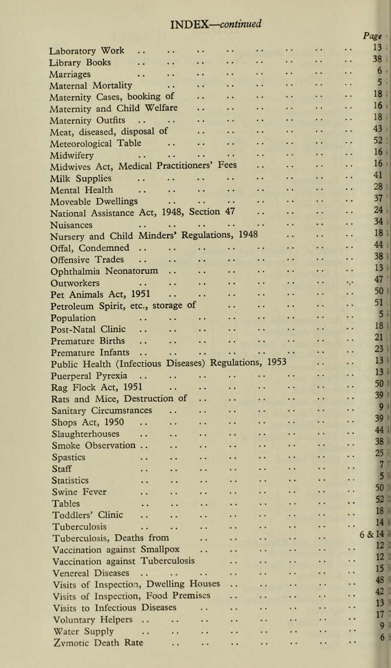 INDEX—continued Laboratory Work Library Books Marriages Maternal Mortality Maternity Cases, booking of Maternity and Child Welfare Maternity Outfits Meat, diseased, disposal of Meteorological Table Midwifery Midwives Act, Medical Practitioners’ Fees Milk Supplies Mental Health Moveable Dwellings National Assistance Act, 1948, Section 47 Nuisances Nursery and Child Minders’ Regulations, 1948 Offal, Condemned .. Offensive Trades Ophthalmia Neonatorum Outworkers Pet Animals Act, 1951 Petroleum Spirit, etc., storage of Population Post-Natal Clinic Premature Births Premature Infants .. Public Health (Infectious Diseases) Regulations, 1953 Puerperal Pyrexia Rag Flock Act, 1951 Rats and Mice, Destruction of .. Sanitary Circumstances Shops Act, 1950 Slaughterhouses Smoke Observation .. Spastics Staff Statistics Swine Fever Tables Toddlers’ Clinic Tuberculosis Tuberculosis, Deaths from Vaccination against Smallpox Vaccination against Tuberculosis Venereal Diseases Visits of Inspection, Dwelling Houses .. Visits of Inspection, Food Premises Visits to Infectious Diseases Voluntary Helpers .. Water Supply Zvmotic Death Rate Page 13 38 6 5 18 16 18 43 52 16 16 41 28 37 24 34 18 44 38 13 47 50 51 5 18 21 23 13 13 50 39 9 39 44 38 25 7 5 50 52 18 14 6&14 12 12 15 48 42 13 17 9
