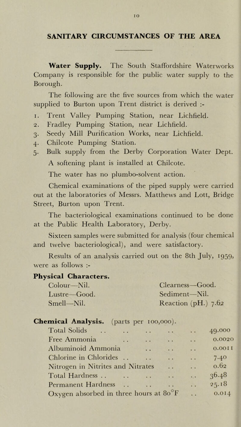 lO SANITARY CIRCUMSTANCES OF THE AREA Water Supply. The South Staffordshire Waterworks Company is responsible for the public water supply to the Borough. The following are the five sources from which the water supplied to Burton upon Trent district is derived 1. Trent Valley Pumping Station, near Lichfield. 2. Fradley Pumping Station, near Lichfield. 3. Seedy Mill Purification Works, near Lichfield. 4. Chilcote Pumping Station. 5. Bulk supply from the Derby Corporation Water Dept. A softening plant is installed at Chilcote. The water has no plumbo-solvent action. Chemical examinations of the piped supply were carried out at the laboratories of Messrs. Matthews and Lott, Bridge Street, Burton upon Trent. The bacteriological examinations continued to be done at the Public Health Laboratory, Derby. Sixteen samples were submitted for analysis (four chemical and twelve bacteriological), and were satisfactory. Results of an analysis carried out on the 8th July, 1959, were as follows Physical Characters. Colour—Nil. Clearness—Good. Lustre—Good. Sediment—Nil. Smell—Nil. Reaction (pH.) 7.6^2 Chemical Analysis, (parts per 100,000). Total Solids . . . . . . . . . . 49.000 Free Ammonia . . . . . . . . 0.0020 Albuminoid Ammonia .. .. .. o.ooii Chlorine in Chlorides . . . . . . . . 7-4*^ Nitrogen in Nitrites and Nitrates . . . . 0.62 Total Hardness . . . . . . . . . . 3648 Permanent Hardness .. .. .. .. 25.18 Oxygen aljsorbed in three hours at 8o°F . . 0.014