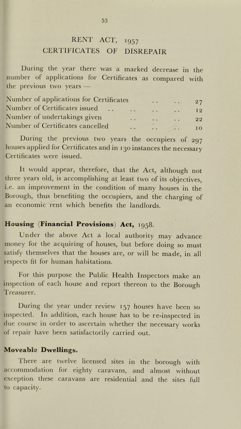 RI'^N'r ACT, 1957 CERTIFICATES OF DISREPAIR During llie year there was a marked decrease in tlie number of applications for Certificates as compared with the previous two years — Number of applications for Certihcates . . . . 27 Number of Certificates issued . . . . . . . . Number of undertakings given . . . . . . 22 Number of Certificates cancelled . . . . . . jq During the previous two years the occupiers of 297 houses applied for Certificates and in 130 instances the necessary Certificates were issued. It would appear, therefore, that the Act, although not three years old, is accomplishing at least two of its objectives, i.e. an improvement in the condition of many houses in the Borough, thus benefiting the occupiers, and the charging of an economic rent which benefits the landlords. Housing (Financial Provisions) Act, 1958. Under the above Act a local authority may advance money for the acquiring of houses, but before doing so must satisfy themselves that the houses are, or will be made, in all respects fit for human habitations. For this purpose the Public Health Inspectors make an inspection of each house and report thereon to the Borough Treasurer. During the year under review 157 houses have been so inspected. In addition, each house has to be re-inspected in due course in order to ascertain whether the necessary works of repair have been satisfactorily carried out. Moveable Dwellings. There are twelve licensed sites in the borough with accommodation for eighty caravans, and almost without c.xception these caravans are residential and the sites full to capacity.