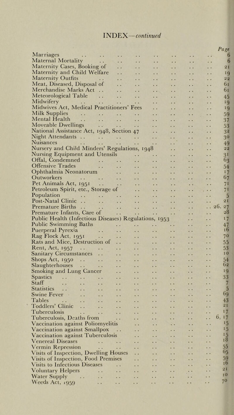 INDEX—continued Page Marriages . . . . . . . . . . . . . . . . 6 Maternal Mortality . . . . . . . . . . . . . . 6 Maternity Cases, Booking of . . . . . . . . . . . . 2i Maternity and Child Welfare . . . . . . . . . . . . ig Maternity Outfits . . . . . . . . . . . . . . 22 Meat, Diseased, Disposal of . . . . . . . . . . . . 61 Merchandise Marks Act . . . . . . . . . . . . . . 61 Meteorological Table . . . . . . . . . . . . . . 45 Midwifery . . . . . . . . . . . . . . . . ig Midwives Act, Medical Practitioners’ Fees . . . . . . . . ig Milk Supplies . . . . . . . . . . . . . . . . gg Mental Health . . . . . . . . . . . . . . . . 37 Moveable Dwellings . . . . . . . . . . . . . . 53 National Assistance Act, 194B, Section 47 . . . . . . . . 32 Night Attendants . . . . . . . . . . . . . . . . 30 Nuisances . . . . . . . . . . . . . . . . 4g Nursery and Child Minders’ Regulations, 1948 . . . . . . 22 Nursing Equipment and Utensils . . . . . . . . . . 31 Offal, Condemned . . . . . . . . . . . . . . 63 Offensive Trades . . . . . . . . . . . . . . 54 Ophthalmia Neonatorum .. .. .. .. .. .. 17 Outworkers . . . . . . . . . . . . . . . . 67 Pet Animals Act, 1951 . . . . . . . . . . . . . . 71 Petroleum Spirit, etc.. Storage of . . . . . . . . . . 71 Population . . . . . . . . . . . . . . . . 5 Post-Natal Clinic . . . . . . . . . . . . . . . . 21 Premature Births . . . . . . . . . . . . . . . . 26. 27 Premature Infants, Care of . . . . . . . . . . . . 28 Public Health (Infectious Diseases) Regulations, 1953 >7 Public Swimming Baths . . . . . . . . . . . . 47 Puerperal Pyrexia . . . . . . . . . . . . . . 16 Rag Flock Act. 1951 . . . . . . . . . . . . . . 7° Rats and Mice, Destruction of . . . . . . . . . . . . 53 Rent, Act, 1957 . . . . . . . . . . . . . . . . 53 Sanitary Circumstances . . . . . . . . . . . . . . it) Shops Act, 1950 . . . . . . . . . . . . . . . . 54 Slaughterhouses . . . . . . . . . . . . . . . ■ 62 Smoking and Lung Cancer . . . . . . . . . . . . 19 Spastics . . . . . . . . . . . . . . . . . . 33 Staff 7 Statistics . . . . . . . . . . . . . . . . . • 5 Swine Fever . . . . . . . . . . . . . . . . 69 Tables . . . . . . . . . . . . . ■ . . • • 43 Toddlers’ Clinic . . . . . . . . . . . . . . ■ ■ '-^i Tuberculosis . . . . . . . . . . . . . . . . >7 Tuberculosis, Deaths from . . . . . . . . . . .. b, 17 Vaccination against Poliomyelitis . . . . . . . . . • '3 Vaccination against Smallpox .. .. .. .. .. .. *5 Vaccination against Tuberculosis . . . . . . . . . • '5 Venereal Diseases . . . . . . . . . . . . • • Vermin Repression . . . . . . . . . . . . • • 55 Visits of Inspection, Dwelling Houses . . . . . . . . • • 85 Visits of Inspection, Food Premises . . . . . . . . • • 59 \'isits to Infectious Diseases . . . . . . . . . . . • Voluntary Helpers . . . . . . . . . . . . • • Water Supply . . . . . . . . . . • • . • • • Weeds Act, 1959 . . . . . . . • • • • • ■ ■ 7°