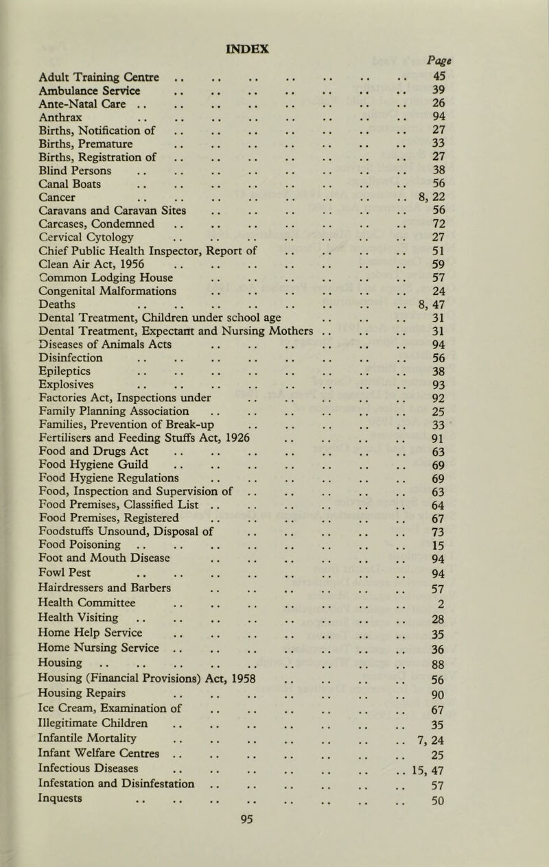 INDEX Page Adult Training Centre .. .. .. .. .. . • .. 45 Ambulance Service .. .. .. .. .. .. .. 39 Ante-Natal Care .. .. .. .. .. .. •. .. 26 Anthrax .. .. .. .. .. .. .. .. 94 Births, Notification of .. .. .. .. .. .. .. 27 Births, Premature .. .. .. .. .. .. .. 33 Births, Registration of .. .. .. .. .. .. .. 27 Blind Persons .. .. .. .. .. .. .. .. 38 Canal Boats .. .. .. .. .. .. .. .. 56 Cancer .. .. .. .. .. .. .. .. 8, 22 Caravans and Caravan Sites .. .. .. . . .. .. 56 Carcases, Condemned .. .. .. .. .. .. .. 72 Cervical Cytology .. .. .. .. . . .. .. 27 Chief Public Health Inspector, Report of .. .. .. .. 51 Clean Air Act, 1956 .. .. .. .. .. .. .. 59 Common Lodging House .. .. .. .. .. .. 57 Congenital Malformations .. .. .. .. .. .. 24 Deaths .. .. .. .. .. .. .. .. 8, 47 Dental Treatment, Children under school age .. .. .. 31 Dental Treatment, Expectam and Nursing Mothers .. .. .. 31 Diseases of Animals Acts .. .. .. .. .. .. 94 Disinfection .. .. .. .. .. .. .. .. 56 Epileptics .. .. .. .. .. .. .. .. 38 Explosives .. .. .. .. .. .. .. .. 93 Factories Act, Inspections under .. .. .. .. .. 92 Family Planning Association .. .. .. .. .. .. 25 Families, Prevention of Break-up .. .. .. .. .. 33 Fertilisers and Feeding Stuffs Act, 1926 .. .. .. .. 91 Food and Drugs Act .. .. .. .. .. .. .. 63 Food Hygiene Guild .. .. .. .. .. .. .. 69 Food Hygiene Regulations .. .. .. .. .. .. 69 Food, Inspection and Supervision of .. .. .. .. .. 63 Food Premises, Classified List .. . . .. .. .. .. 64 Food Premises, Registered .. .. .. .. .. .. 67 Foodstuffs Unsound, Disposal of .. .. .. .. .. 73 Food Poisoning .. .. .. .. .. .. .. .. 15 Foot and Mouth Disease .. .. .. .. .. ,. 94 Fowl Pest .. .. .. .. .. ,. .. .. 94 Hairdressers and Barbers .. .. ,. .. .. .. 57 Health Committee .. .. .. .. .. .. .. 2 Health Visiting .. .. .. .. .. .. .. .. 28 Home Help Service .. .. .. .. ,. .. .. 35 Home Nursing Service .. .. .. .. .. .. .. 36 Housing 88 Housing (Financial Provisions) Act, 1958 .. .. .. .. 56 Housing Repairs .. .. .. .. .. .. .. 90 Ice Cream, Examination of .. .. .. .. .. .. 67 Illegitimate Children .. .. .. .. .. .. .. 35 Infantile Mortality .. .. .. .. .. .. .. 7, 24 Infant Welfare Centres .. .. .. .. .. .. .. 25 Infectious Diseases .. .. .. .. .. ..15,47 Infestation and Disinfestation .. .. .. .. .. .. 57 Inquests .. .. ., .. .. ., .. ,, 50