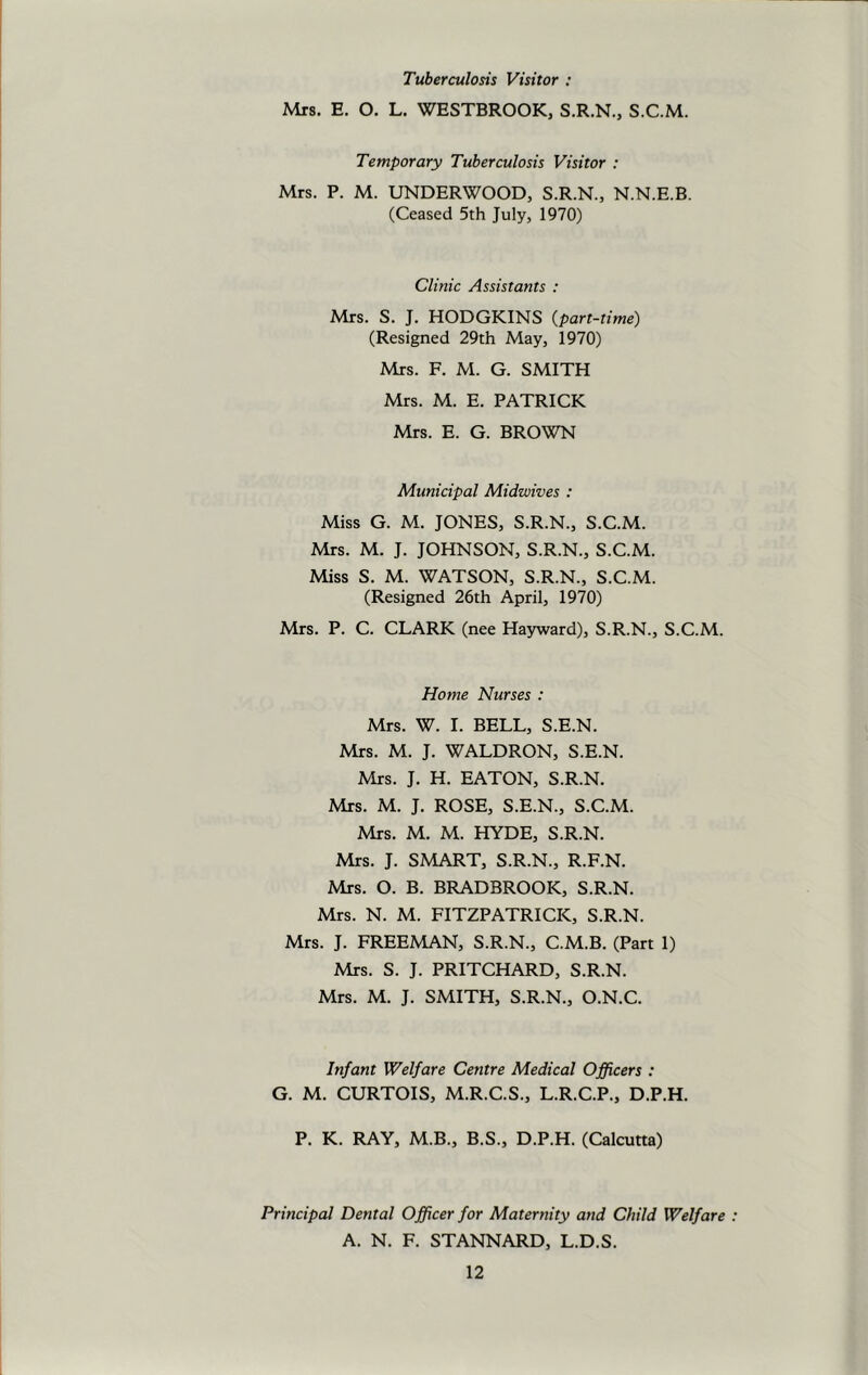 Tuberculosis Visitor : Mrs. E. O. L. WESTBROOK, S.R.N., S.C.M. Temporary Tuberculosis Visitor : Mrs. P. M. UNDERWOOD, S.R.N., N.N.E.B. (Ceased 5th July, 1970) Clinic Assistants : Mrs. S. J. HODGKINS (part-time) (Resigned 29th May, 1970) Mrs. F. M. G. SMITH Mrs. M. E. PATRICK Mrs. E. G. BROWN Municipal Midwives : Miss G. M. JONES, S.R.N., S.C.M. Mrs. M. J. JOHNSON, S.R.N., S.C.M. Miss S. M. WATSON, S.R.N., S.C.M. (Resigned 26th April, 1970) Mrs. P. C. CLARK (nee Hayward), S.R.N., S.C.M. Home Nurses : Mrs. W. I. BELL, S.E.N. Mrs. M. J. WALDRON, S.E.N. Mrs. J. H. EATON, S.R.N. Mrs. M. J. ROSE, S.E.N., S.C.M. Mrs. M. M. HYDE, S.R.N. Mrs. J. SMART, S.R.N., R.F.N. Mrs. O. B. BRADBROOK, S.R.N. Mrs. N. M. FITZPATRICK, S.R.N. Mrs. J. FREEMAN, S.R.N., C.M.B. (Part 1) Mrs. S. J. PRITCHARD, S.R.N. Mrs. M. J. SMITH, S.R.N., O.N.C. Infant Welfare Centre Medical Officers : G. M. CURTOIS, M.R.C.S., L.R.C.P., D.P.H. P. K. RAY, M.B., B.S., D.P.H. (Calcutta) Principal Dental Officer for Maternity and Child Welfare A. N. F. STANNARD, L.D.S.