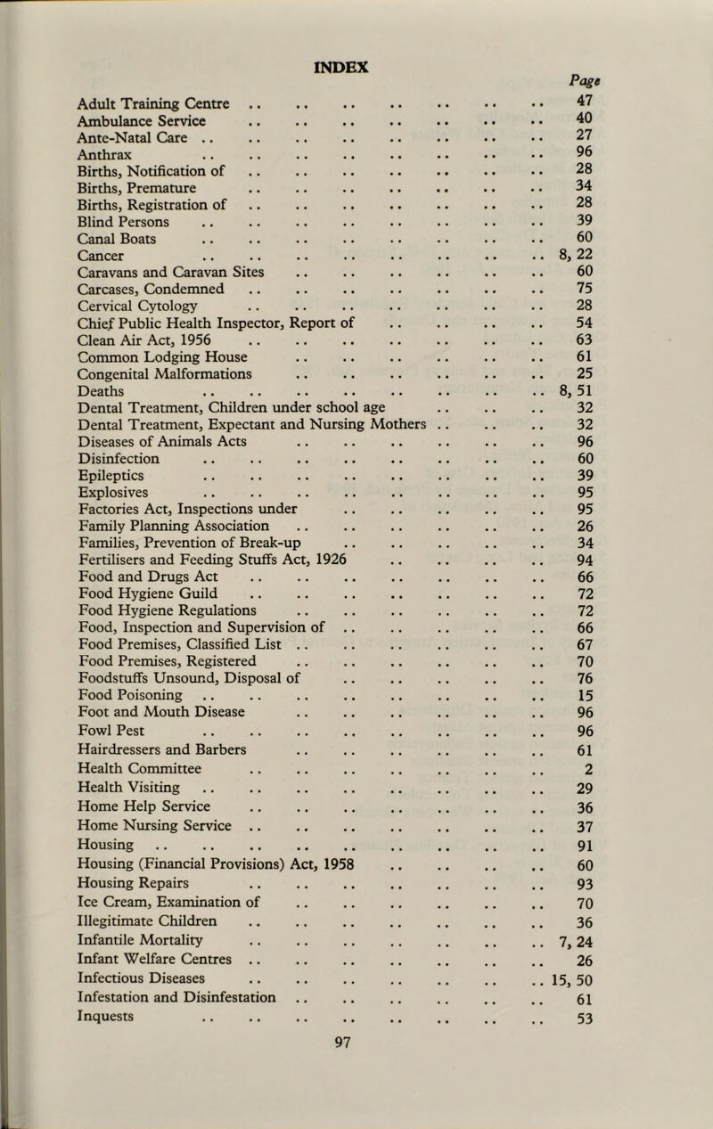 INDEX Pagt Adult Training Centre 47 Ambulance Service .. .. .. .. .. • • • • 40 Ante-Natal Care .. .. .. .. .. .. .. . • 27 Anthrax .. .. .. .. .. .. .. • • 96 Births, Notification of .. .. .. .. .. .. • • 28 Births, Premature .. .. .. .. .. .. • • 34 Births, Registration of .. .. .. . • .. . • 28 Blind Persons .. .. .. .. .. .. .. . • 39 Canal Boats .. .. .. .. . • •. .. .. 60 Cancer .. .. .. .. .. .. .. .. 8, 22 Caravans and Caravan Sites .. .. .. .. .. .. 60 Carcases, Condemned .. .. .. .. .. •. .. 75 Cervical Cytology .. .. .. .. .. .. .. 28 Chief Public Health Inspector, Report of .. .. .. .. 54 Clean Air Act, 1956 .. .. .. .. .. .. .. 63 Common Lodging House .. .. .. .. .. .. 61 Congenital Malformations .. .. .. .. .. .. 25 Deaths .. .. .. .. .. •. .. .. 8, 51 Dental Treatment, Children under school age .. .. .. 32 Dental Treatment, Expectant and Nursing Mothers .. .. .. 32 Diseases of Animals Acts .. .. .. .. .. .. 96 Disinfection .. .. .. .. .. .. .. .. 60 Epileptics .. .. .. .. .. .. .. .. 39 Explosives .. .. .. .. .. .. .. .. 95 Factories Act, Inspections under .. .. .. .. .. 95 Family Planning Association .. .. .. .. .. .. 26 Families, Prevention of Break-up .. .. .. .. .. 34 Fertilisers and Feeding Stuffs Act, 1926 .. .. .. .. 94 Food and Drugs Act .. .. .. .. .. .. .. 66 Food Hygiene Guild .. .. .. .. .. .. .. 72 Food Hygiene Regulations .. .. .. .. .. .. 72 Food, Inspection and Supervision of .. .. .. .. .. 66 Food Premises, Classified List .. .. .. .. .. .. 67 Food Premises, Registered .. .. .. .. .. .. 70 Foodstuffs Unsound, Disposal of .. .. .. .. .. 76 Food Poisoning .. .. .. .. .. .. .. .. 15 Foot and Mouth Disease .. .. .. .. .. .. 96 Fowl Pest .. .. .. ., .. .. .. .. 96 Hairdressers and Barbers .. .. .. .. .. .. 61 Health Committee .. .. .. .. .. .. .. 2 Health Visiting .. .. .. .. .. .. .. .. 29 Home Help Service .. .. .. .. .. .. .. 36 Home Nursing Service .. .. .. .. .. .. .. 37 Housing .. .. .. .. .. .. .. .. 91 Housing (Financial Provisions) Act, 1958 .. .. .. .. 60 Housing Repairs .. .. .. .. .. .. .. 93 Ice Cream, Examination of .. .. .. .. .. .. 70 Illegitimate Children .. .. .. .. .. .. .. 36 Infantile Mortality .. .. .. .. .. .. .. 7,24 Infant Welfare Centres .. .. .. .. .. .. .. 26 Infectious Diseases .. .. .. .. .. .. .. 15, 50 Infestation and Disinfestation .. .. .. .. .. .. 61 Inquests .. .. .. .. .. .. .. ,, 53