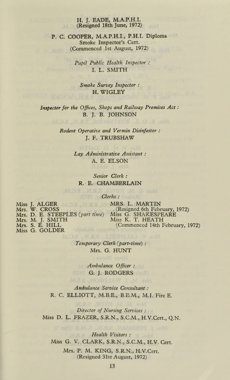 n. J. EADE, M.A.P.H.I. (Resigned 18th June, 1972) P. C. COOPER, M.A.P.H.I., P.H.I. Diploma Smoke Inspector’s Cert. (Commenced 1st August, 1972) Pupil Public Health Inspector : I. L. SMITH Smoke Survey Inspector : H. WIGLEY Inspector for the Offices, Shops and Railway Premises Act : B. J. B. JOHNSON Rodent Operative and Vermin Disinfestor : J. F. TRUBSHAW Lay Administrative Assistant : A. E. ELSON Senior Clerk : R. E. CHAMBERLAIN Clerks : Miss J. ALGER Mrs. W. CROSS Mrs. D. E. STEEPLES (part time) Mrs. M. J. SMITH Mrs. S. E. HILL Miss G. GOLDER MRS. L. MARTIN . (Resigned 6th February, 1972) Miss G. SHAKESPEARE Miss K. T. HEATH (Commenced 14th February, 1972) Temporary Clerk (part-time) : Mrs. G. HUNT Ambulance Officer : G. J. RODGERS Ambulance Service Consultant : R. C. ELLIOTT, M.B.E., B.E.M., M.I. Fire E. Director of Nursing Services : Miss D. L. FRAZER, S.R.N., S.C.M., H.V.Cert., Q.N. Health Visitors : Miss G. V. CLARK, S.R.N., S.C.M., H.V. Cert. Mrs. P. M. KING, S.R.N., H.V.Cert. (Resigned 31st August, 1972)