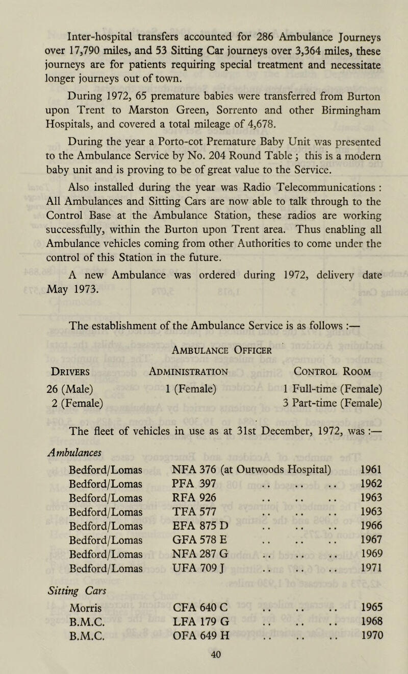 Inter-hospital transfers accounted for 286 Ambulance Journeys over 17,790 miles, and 53 Sitting Car journeys over 3,364 miles, these journeys are for patients requiring special treatment and necessitate longer journeys out of town. During 1972, 65 premature babies were transferred from Burton upon Trent to Marston Green, Sorrento and other Birmingham Hospitals, and covered a total mileage of 4,678. During the year a Porto-cot Premature Baby Unit was presented to the Ambulance Service by No. 204 Round Table; this is a modern baby unit and is proving to be of great value to the Service. Also installed during the year was Radio Telecommunications : All Ambulances and Sitting Cars are now able to talk through to the Control Base at the Ambulance Station, these radios are working successfully, within the Burton upon Trent area. Thus enabUng all Ambulance vehicles coming from other Authorities to come under the control of this Station in the future. A new Ambulance was ordered during 1972, dehvery date May 1973. The establishment of the Ambulance Service is as follows:— Ambulance Officer Drivers Administration Control Room 26 (Male) 1 (Female) 1 Full-time (Female) 2 (Female) 3 Part-time (Female) The fleet of vehicles in use as at 31st December, 1972, was :— Ambulances Bedford/Lomas NFA 376 (at Outwoods Hospital) 1961 Bedford/Lomas PFA 397 1962 Bedford/Lomas RFA 926 1963 Bedford/Lomas TFA 577 1963 Bedford/Lomas EFA 875 D 1966 Bedford/Lomas GFA 578 E 1967 Bedford/Lomas NFA 287 G 1969 Bedford/Lomas UFA 709 J 1971 Sitting Cars Morris CFA 640 C 1965 B.M.C. UFA 179 G 1968 B.M.C. OFA 649 H 1970