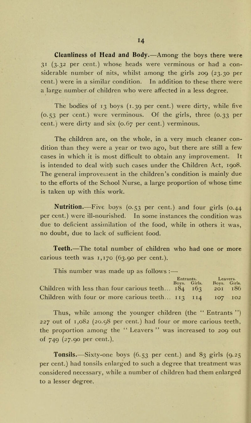 Cleanliness of Head and Body.—Among' the boys there were 31 (3.32 per cent.) whose heads were verminous or had a con- siderable number of nits, whilst among the girls 209 (23.30 per cent.) were in a similar condition. In addition to these there were a large number of children who were affected in a less degree. The bodies of 13 boys (1.39 per cent.) were dirty, while five (0.53 per cent.) were verminous. Of the girls, three (0.33 per cent.) were dirty and six (0.67 per cent.) verminous. The children are, on the whole, in a very much cleaner con- dition than they were a year or two ago, but there are still a few cases in which it is most difficult to obtain any improvement. It is intended to deal with such cases under the Children Act, 1908. The general improvement in the children’s condition is mainly due to the efforts of the School Nurse, a large proportion of whose time is taken up with this work. Nutrition.—^Five boys (0.53 per cent.) and four girls (0.44 per cent.) were ill-nourished. In some instances the condition was due to deficient assimilation of the food, while in others it was, no doubt, due to lack of sufficient food. Teeth.—The total number of children who had one or more carious teeth was 1,170 (63.90 per cent.). This number was made up as follows :— Entrants. Leavers. Children with less than four carious teeth.. Boys. . 184 Girls. 163 Boys. 201 Girls. 186 Children with four or more carious teeth.. • II3 114 107 102 Thus, while among the younger children (the “ Entrants ”) 227 out of 1,082 (20.98 per cent.) had four or more carious teeth, the proportion among the “ Leavers ” was increased to 209 out of 749 (27.90 per cent.). Tonsils.—Sixty-one boys (6.53 per cent.) and 83 girls (9.25 per cent.) had tonsils enlarged to such a degree that treatment was considered necessary, while a number of children had them enlarged to a lesser degree.