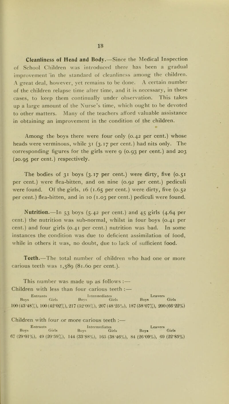 18 Cleanliness of Head and Body.—Since the Medical Inspection of Scliool Children was introduced there lias been a j^'radual iinproNcment ‘in the standard ol cleanliness among' the children. .\ great deal, however, yet remaiiis to be done. A certain number of the children relapse time after time, and it is necessary, in these cases, to keep them continually under observation. 'Ihis takes up a large amount of the Nurse’s time, which ought to be devoted to other matters. Many of the teachers afford valuable assistance in obtaining an improvement in the condition of the children. Among the boys there were four only (0.42 per cent.) whose heads were verminous, while 31 (3.17 per cent.) had nits only. The corresponding figures for the girls were 9 (0.93 per cent.) and 203 (20.95 cent.) respectively. The bodies of 31 boys (3.17 per cent.) were dirty, five (0.51 per cent.) were flea-bitten, and on nine (0.92 per cent.) pediculi were found. Of the girls, 16 (1.65 per cent.) were dirty, five (0.52 per cent.) flea-bitten, and in 10 (1.03 per cent.) pediculi were found. Nutrition.—In 53 boys (5.42 per cent.) and 45 girls (4.64 per cent.) the nutrition was sub-normal, whilst in four boys (0.41 per cent.) and four girls (0.41 per cent.) nutrition was bad. In some instances the condition was due to deficient assimilation of food, while in others it was, no doubt, due to lack of sufficient food. Teeth.—The total number of children who had one or more carious teeth was 1,589 (81.60 per cent.). This number was made up as follows : — Children with less than four carious teeth : — Entrants Boys Girls 1 ntennediates Boys Girls Leavers Boys Girls lot)(4.3-48%), KXt(4-2-02%),-217 (.52-00%), 207 (48-25?o), 187(58-07%), 200(60-22%) Children with four or more carious teeth :— Entrants Boys Girls 67 (-20-01%), 40C20-.59% Intermediates Leavers Boys Girls Boy® Girls 144 (.33-88%), 16.5(38-46%), 84 (20-09%), 69 (22-85%)