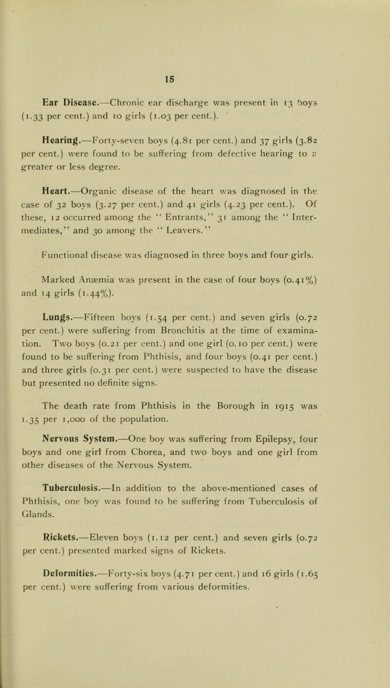 Ear Disease.—Chronic ear discharge was present in 13 boys (1.33 per cent.) and 10 girls (1.03 per cent.). Hearing.—Forty-seven boys (4.81 per cent.) and 37 girls (3.82 per cent.) were found to be suffering from defective hearing to s greater or less degree. Heart.—Organic disease of the heart was diagnosed in the case of 32 boys {3.27 per cent.) and 41 girls (4.23 per cent.). Of these, 12 occurred among the “ Entrants,” 31 among the ‘‘ Inter- mediates,” and 30 among the ” Leavers.” Functional disease was diagnosed in three boys and four girls. Marked .'\naemia was present in the case of four boys (0.41%) and 14 girls (1.44%). Lungs.—Fifteen boys (1.54 per cent.) and seven girls (0.72 per cent.) were suffering from Bronchitis at the time of examina- tion. Two boys (0.21 per cent.) and one girl (o. 10 per cent.) were found to be suffering from Phthisis, and four boys (0.41 per cent.) and three girls (0.31 per cent.) were suspected to have the disease but presented no definite signs. The death rate from Phthisis in the Borough in 1915 was 1.35 per 1,000 of the population. Nervous System.—One boy was suffering from Epilepsy, four boys and one girl from Chorea, and two boys and one girl from other diseases of the Nervous System. Tuberculosis.—In addition to the above-mentioned cases of Phthisis, one boy was found to be suffering from Tuberculosis of Glands. Rickets.—Eleven boys (1.12 per cent.) and seven girls (0.72 per cent.) presented marked signs of Rickets. Deformities.—Forty-six boys (4.71 per cent.) and 16 girls (1.65 per cent.) were suffering from various deformities.