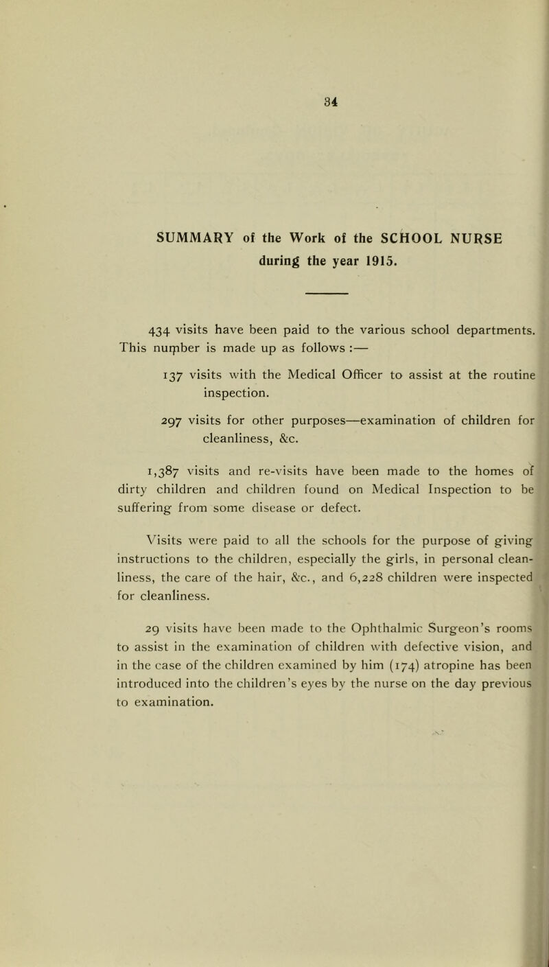 84 SUMMARY of the Work of the SCHOOL NURSE during the year 1915. 434 visits have been paid to the various school departments. This nurpber is made up as follows :— 137 visits with the Medical Officer to assist at the routine inspection. 297 visits for other purposes—examination of children for cleanliness, &c. 1,387 visits and re-visits have been made to the homes of dirty children and children found on Medical Inspection to be suffering from some disease or defect. Visits were paid to all the schools for the purpose of giving instructions to the children, especially the girls, in personal clean- liness, the care of the hair, &:c., and 6,228 children were inspected for cleanliness. 29 visits have been made to the Ophthalmic Surgeon’s rooms to assist in the examination of children with defective vision, and in the case of the children examined by him (174) atropine has been introduced into the children’s eyes by the nurse on the day previous to examination.