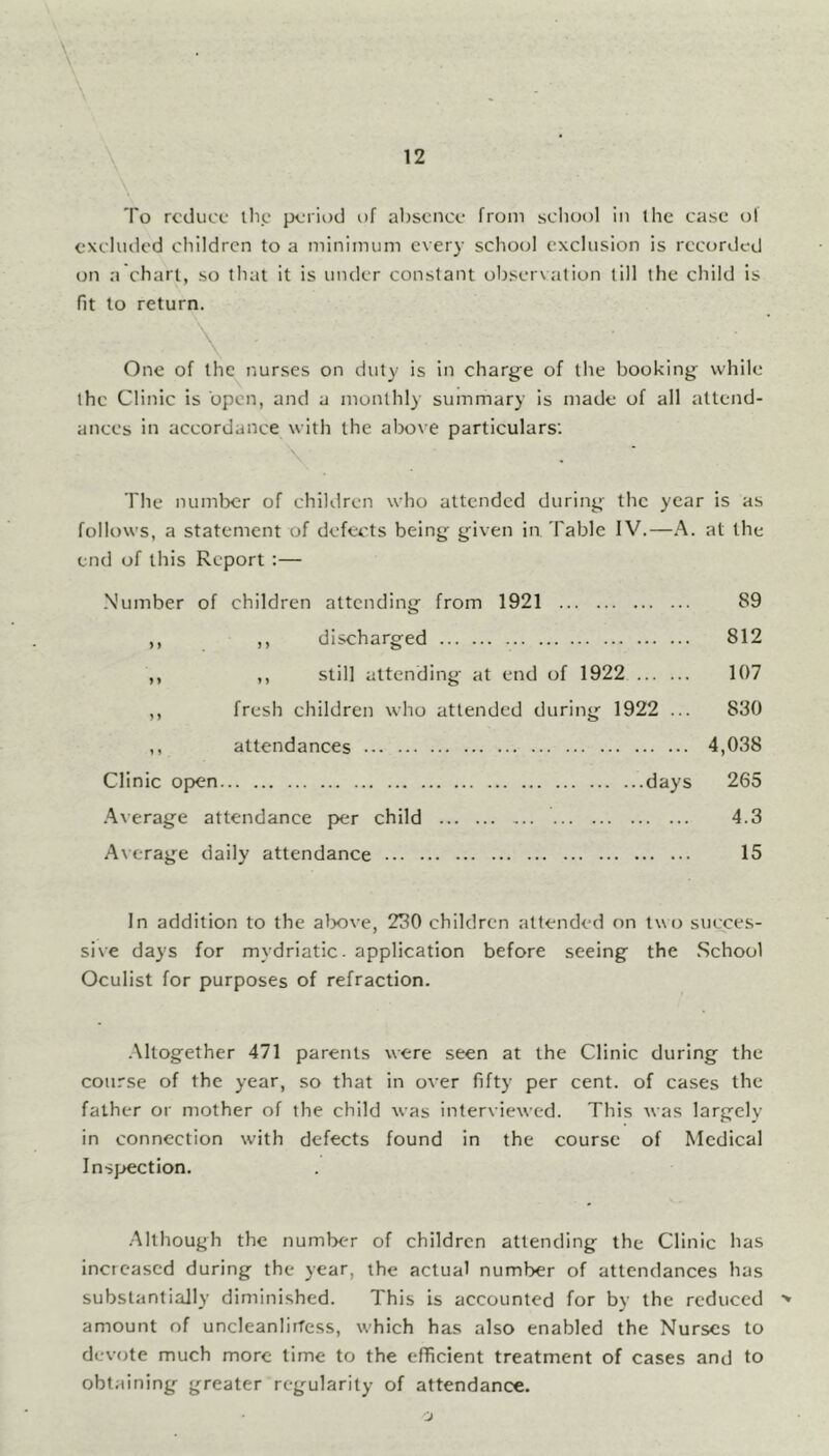 To reduce the period of absence from school in the case of excluded children to a minimum every school exclusion is recorded on a chart, so that it is under constant observation till the child is fit to return. One of the nurses on duty is in charge of the booking while the Clinic is open, and a monthly summary is made of all attend- ances in accordance with the above particulars'. The number of children who attended during the year is as follows, a statement of defects being given in. fable IV.—A. at the end of this Report :— .Number of children attending from 1921 89 ,, ,, discharged 812 ,, ,, still attending at end of 1922 107 ,, fresh children who attended during 1922 ... 830 ,, attendances 4,038 Clinic open days 265 Average attendance per child 4.3 Average daily attendance 15 In addition to the above, 230 children attended on two succes- sive days for mydriatic, application before seeing the School Oculist for purposes of refraction. Altogether 471 parents were seen at the Clinic during the course of the year, so that in over fifty per cent, of cases the father or mother of the child was interviewed. This was largely in connection with defects found in the course of Medical Inspection. Although the number of children attending the Clinic has increased during the year, the actual number of attendances has substantially diminished. This is accounted for by the reduced amount of uncleanliiTess, which has also enabled the Nurses to devote much more time to the efficient treatment of cases and to obtaining greater regularity of attendance.