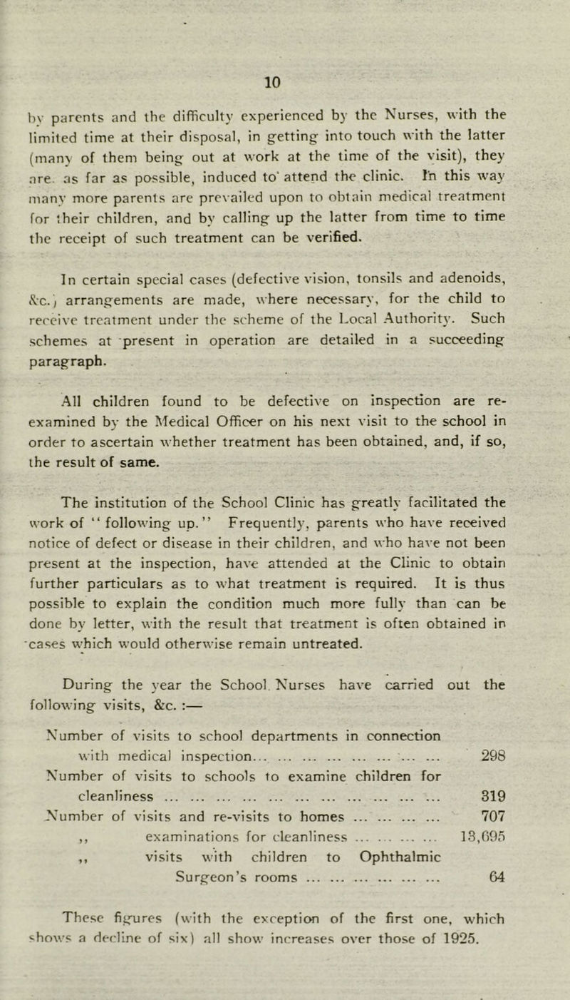 bv parents and the difficulty experienced by the Nurses, with the limited time at their disposal, in g^etting into touch with the latter (many of them being out at work at the time of the visit), they are. as far as possible, induced to'attend the clinic. In this way manv more parents arc prevailed upon to obtain medical treatment for their children, and by calling up the latter from time to time the receipt of such treatment can be verified. In certain special cases (defective vision, tonsils and adenoids, i^c. / arrangements are made, where necessary, for the child to receive treatment under the scheme of the Local Authority. Such schemes at present in operation are detailed in a succeeding paragraph. .All children found to be defective on inspection are re- examined by the Medical Officer on his next visit to the school in order to ascertain whether treatment has been obtained, and, if so, the result of same. The institution of the School Clinic has greatly facilitated the work of “ following up.” Frequently, parents who have received notice of defect or disease in their children, and who have not been present at the inspection, have attended at the Clinic to obtain further particulars as to what treatment is required. It is thus possible to explain the condition much more fully than can be done by letter, with the result that treatment is often obtained in cases which would otherwise remain untreated. During the year the School Nurses have carried out the following visits, &c. ;— Number of visits to school departments in connection with medical inspection... 298 Number of visits to schools to examine children for cleanliness 319 Number of visits and re-visits to homes 707 ,, examinations for cleanliness 13,095 ,, visits with children to Ophthalmic Surgeon’s rooms 64 These figures (with the exception of the first one, which •ihows a decline of six) all show increases over those of 1925.