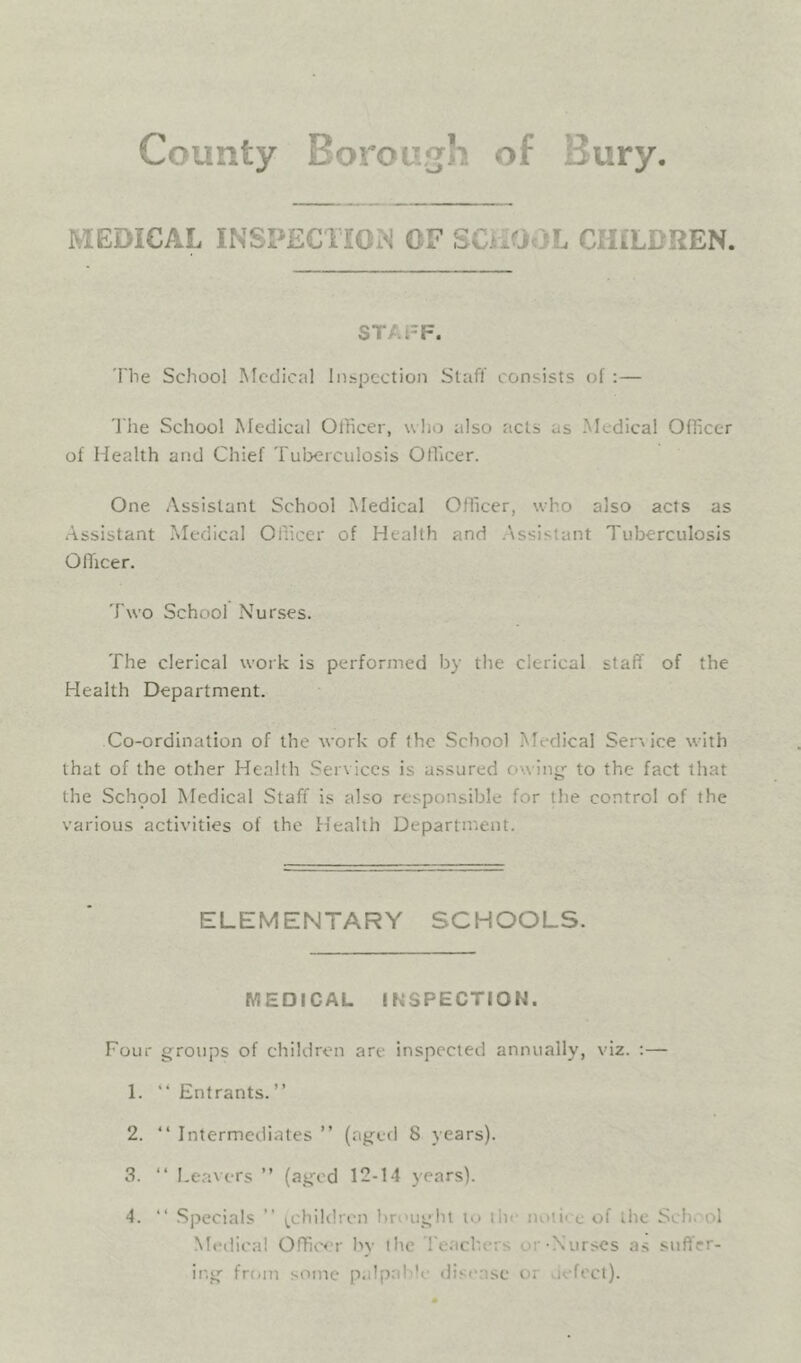 MEDICAL INSPECTIOM OF SCHOOL CHILDREN. STAFF. 'Fbe School Medical 1 inspection Staff consists of ;— The School Medical Officer, wlio also acts as -Medical Officer of Health and Chief Tuberculosis OOicer. One Assistant School Medical Officer, who also acts as Assistant Medical Officer of Health and .Assistant Tuberculosis OlTicer. Two School Nurses. The clerical work is performed by the clerical staff of the Health Department. Co-ordination of the work of fhe School I^Tedical Ser^ ice with that of the other Health Services is assured owing- to the fact that the Schpol Medical Staff is also responsible for the control of the various activities of the Health Department. ELEMENTARY SCHOOLS. MEDICAL IKSPECTION. Four groups of children are inspected annually, viz. :— 1. “Entrants.” 2. “ Intermediates ” (aged 8 years). 3. “ Leavers ” (aged 12-14 years). 4. “ Specials ’’ ^_childrcn brought to tin- notii c of the School Meiiical Offiix>r l\v the reachers or Nur.-^es as suffer- ing from some palpable disease or uefecl).