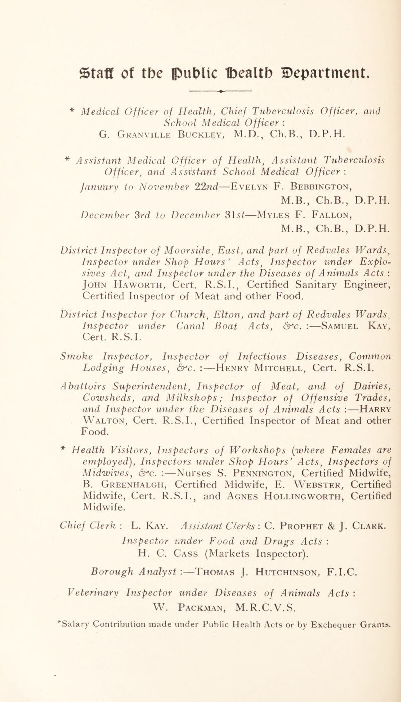 Staff of tbe public Ibealtb Department. * Medical Officer of Health, Chief Tuberculosis Officer, and School Medical Officer : G. Granville Buckley, M.D., Ch.B., D.P.H. * Assistant Medical Officer of Health, Assistant Tuberculosis Officer, and Assistant School Medical Officer : January to November 22nd—Evelyn F. Bebbington, M.B., Ch.B., D.P.H. December 3rd to December 31st—Myles F. Fallon, M.B., Ch.B., D.P.H. District Inspector of Moor side ( East, and part of Redvales Wards} Inspector under Shop Hours ’ Acts, Inspector under Explo- sives Act, and Inspector under the Diseases of Animals Acts : John Haworth, Cert. R.S.I., Certified Sanitary Engineer, Certified Inspector of Meat and other Food. District Inspector for Church, Elton, and part of Redvales Wards, Inspector under Canal Boat Acts, 6°c. :—Samuel Kay, Cert. R.S.I. Smoke Inspector, Inspector of Infectious Diseases, Common Lodging Houses, 6°c. :—Henry Mitchell, Cert. R.S.I. Abattoirs Superintendent, Inspector of Meat, and of Dairies, Cowsheds, and Milkshops; Inspector of Offensive Trades, and Inspector under the Diseases of Animals Acts :—Harry Walton, Cert. R.S.I., Certified Inspector of Meat and other Food. * Health Visitors, Inspectors of Workshops (where Females are employed). Inspectors under Shop Hours' Acts, Inspectors of Midwives, 6°c. :—Nurses S. Pennington, Certified Midwife, B. Greenhalgh, Certified Midwife, E. Webster, Certified Midwife, Cert. R.S.I., and Agnes Hollingworth, Certified Midwife. Chief Clerk : L. Kay. Assistant Clerks'. C. Prophet & J. Clark. Inspector under Food omd Drugs Acts : H. C. Cass (Markets Inspector). Borough Analyst :—Thomas J. Hutchinson, F.I.C. Veterinary Inspector under Diseases of Animals Acts : W. Packman, M.R.C.V.S. ^Salary Contribution made under Public Health Acts or by Exchequer Grants.