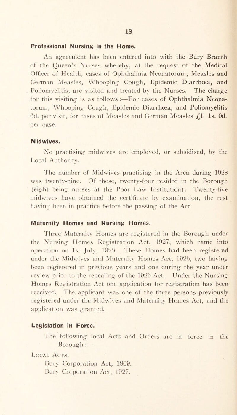 Professional Nursing in the Home. An agreement has been entered into with the Bury Branch of the Queen’s Nurses whereby, at the request of the Medical Officer of Health, cases of Ophthalmia Neonatorum, Measles and German Measles, Whooping Cough, Epidemic Diarrhoea, and Poliomyelitis, are visited and treated by the Nurses. The charge for this visiting- is as follows :—For cases of Ophthalmia Neona- torum, Whooping- Cough, Epidemic Diarrhoea, and Poliomyelitis 6d. per visit, for cases of Measles and German Measles £1 Is. Od. per case. ftiidwives. No practising midwives are employed, or subsidised, by the Local Authority. The number of Midwives practising in the Area during 1928 was twenty-nine. Of these, twenty-four resided in the Borough (eight being nurses at the Poor Law Institution). Twenty-five midwives have obtained the certificate by examination, the rest having been in practice before the passing of the Act. Maternity Homes and Nursing Homes. Three Maternity Homes are registered in the Borough under the Nursing Homes Registration Act, 1927, which came into operation on 1st July, 1928. These Homes had been registered under the Midwives and Maternity Homes Act, 1926, two having been registered in previous years and one during the year under review prior to the repealing of the 1926 Act. Under the Nursing Homes Registration Act one application for registration has been received. The applicant was one of the three persons previously registered under the Midwives and Maternity Homes Act, and the application was granted. Legislation in Force. The following local Acts and Orders are in force in the Borough :— Local Acts. Bury Corporation Act, 1909. Bury Corporation Act, 1927.