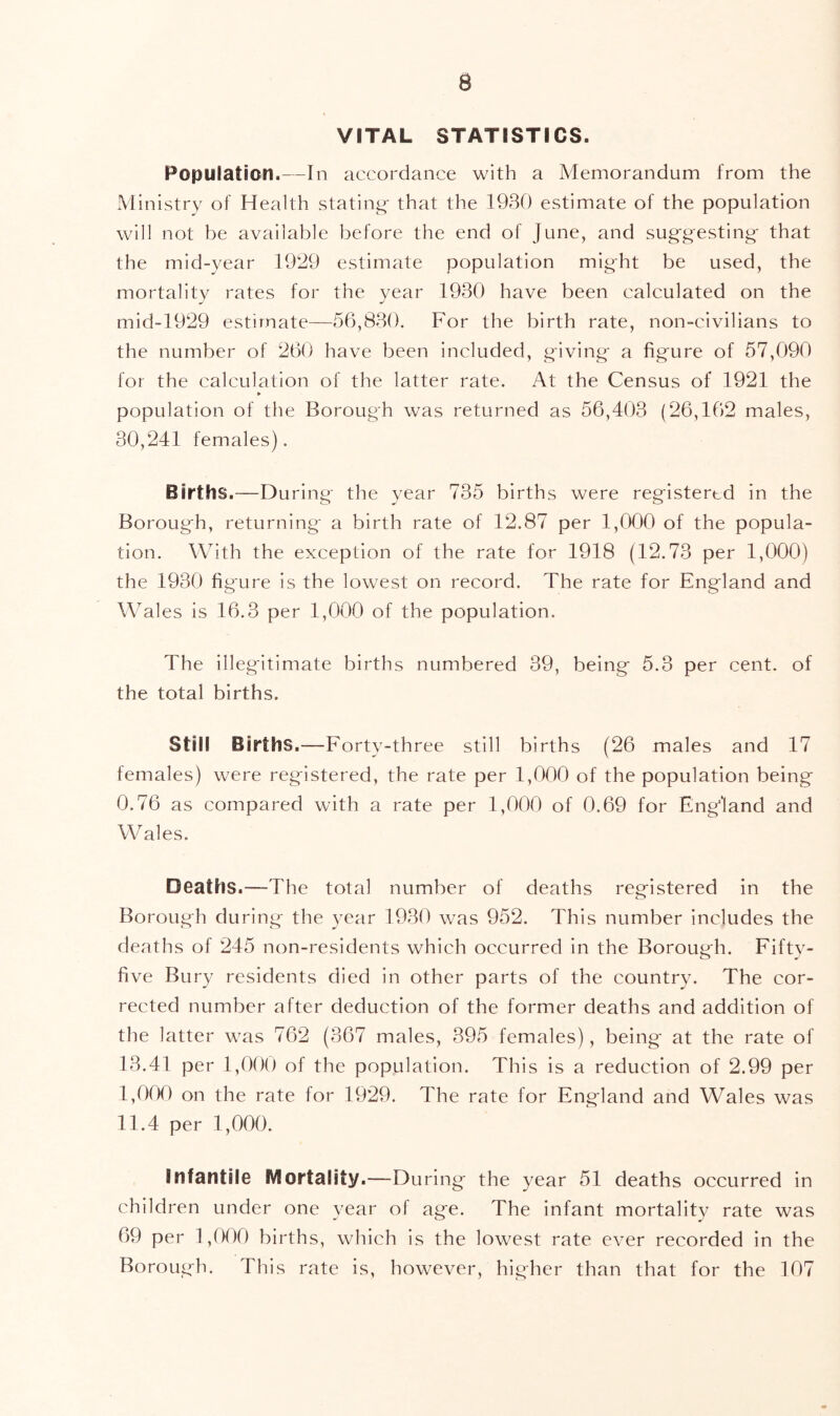 VITAL STATISTICS. Population.—In accordance with a Memorandum from the Ministry of Health stating- that the 1930 estimate of the population will not be available before the end of June, and suggesting that the mid-year 1929 estimate population might be used, the mortality rates for the year 1930 have been calculated on the mid-1929 estimate—56,830. For the birth rate, non-civilians to the number of 260 have been included, giving a figure of 57,090 for the calculation of the latter rate. At the Census of 1921 the population of the Borough was returned as 56,403 (26,162 males, 30,241 females). Births.—During the vear 735 births were registertd in the Borough, returning a birth rate of 12.87 per 1,000 of the popula- tion, With the exception of the rate for 1918 (12.73 per 1,000) the 1930 figure is the lowest on record. The rate for England and Wales is 16.3 per 1,000 of the population. The illegitimate births numbered 39, being 5.3 per cent, of the total births. Still Births.—Forty-three still births (26 males and 17 females) were registered, the rate per 1,000 of the population being 0.76 as compared with a rate per 1,000 of 0.69 for England and W ales. Deaths.—The total number of deaths registered in the Borough during the year 1930 was 952. This number includes the deaths of 245 non-residents which occurred in the Borough. Fiftv- five Bury residents died in other parts of the country. The cor- rected number after deduction of the former deaths and addition of the latter was 762 (367 males, 395 females), being at the rate of 13.41 per 1,000 of the population. This is a reduction of 2.99 per I, 00f) on the rate for 1929. The rate for England and Wales was II. 4 per 1,000. Infantile Mortality.—During the year 51 deaths occurred in children under one year of age. The infant mortality rate was 69 per 1,000 births, which is the lowest rate ever recorded in the Borough. This rate is, however, higher than that for the 107