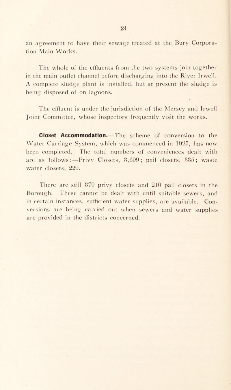 an agreement to have their sewag;e treated at the Bury Corpora- tion Main Works. The whole of the effluents from the two systems join tog'ether in the main outlet channel before discharging- into the River Irwell. A complete sludge plant is installed, but at present the sludge is being disposed of on lagoons. The effluent is under the jurisdiction of the Mersey and Irwell Joint Committee, whose inspectors frequently visit the works. Closet Accommodation.—The scheme of conversion to the Water Carriage System, which was commenced in 1925, has now been completed. The total numbers of conveniences dealt with are as follows :—Privy Closets, 3,699 ; pail closets, 335 ; waste water closets, 229. There are still 379 privy closets and 210 pail closets in the Borough. These cannot be dealt with until suitable sewers, and in certain instances, sufficient water supplies, are available. Con- versions are being carried out when sewers and water supplies are provided in the districts concerned.